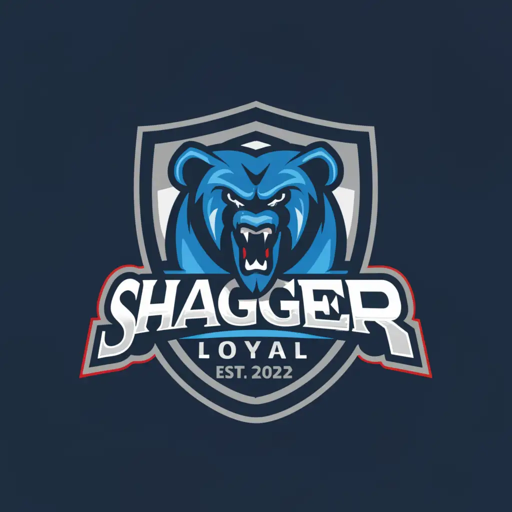 a logo design,with the text "The Shagger Loyal 
EST 2022", main symbol:Shield with an angry blue bear,Moderate,be used in Sports Fitness industry,clear background
