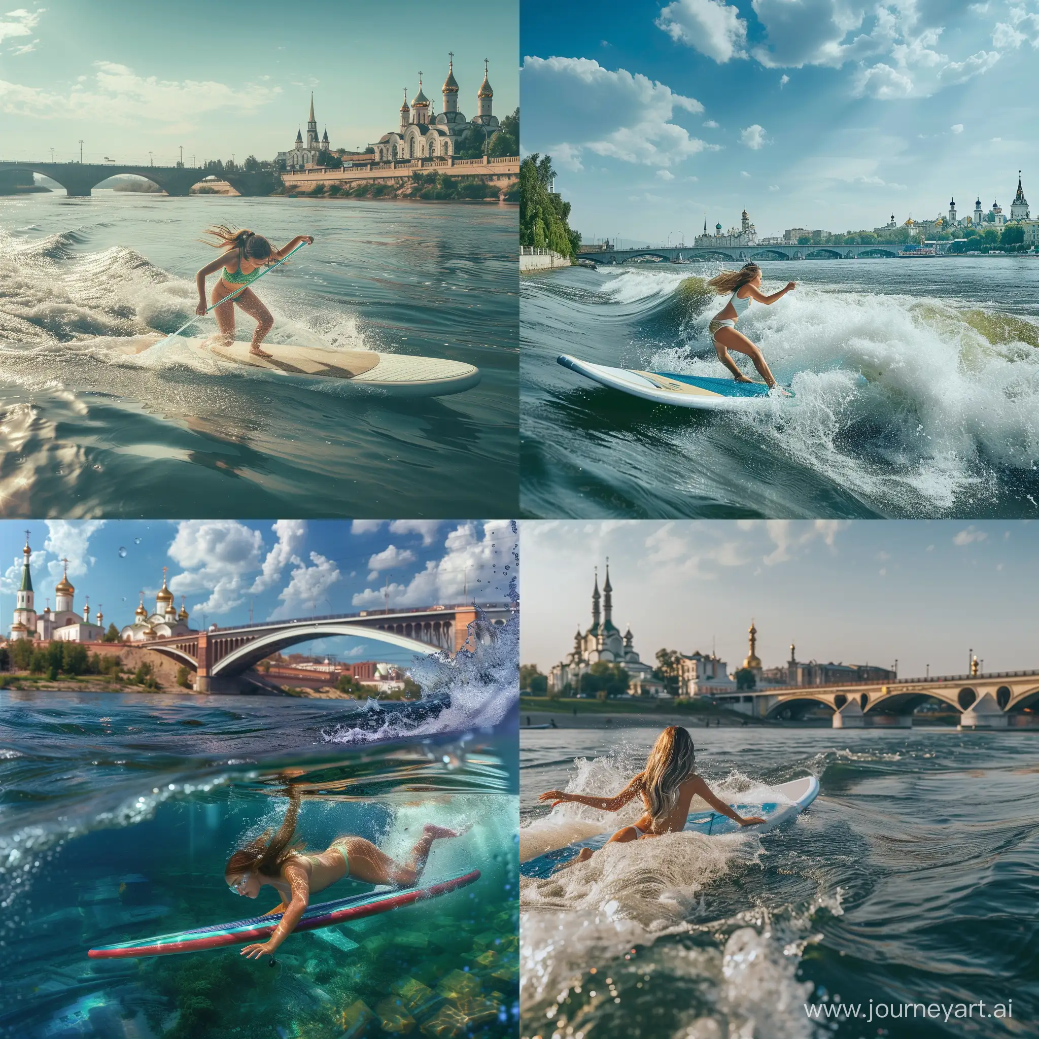 реалистичное изображение красивой девушки которая плывет на сап доске по реке на большой скорости. на заднем фоне мост города Казань