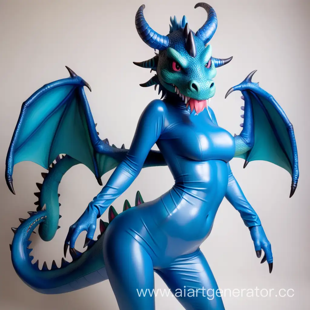 Латексная девушка фурри дракон в голубом латексном костюме дракона с мордой дракона вместо лица. С большими крыльями