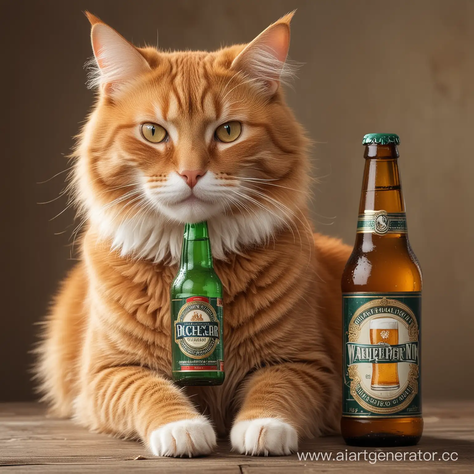 Ginger-Cat-Holding-a-Bottle-of-Beer