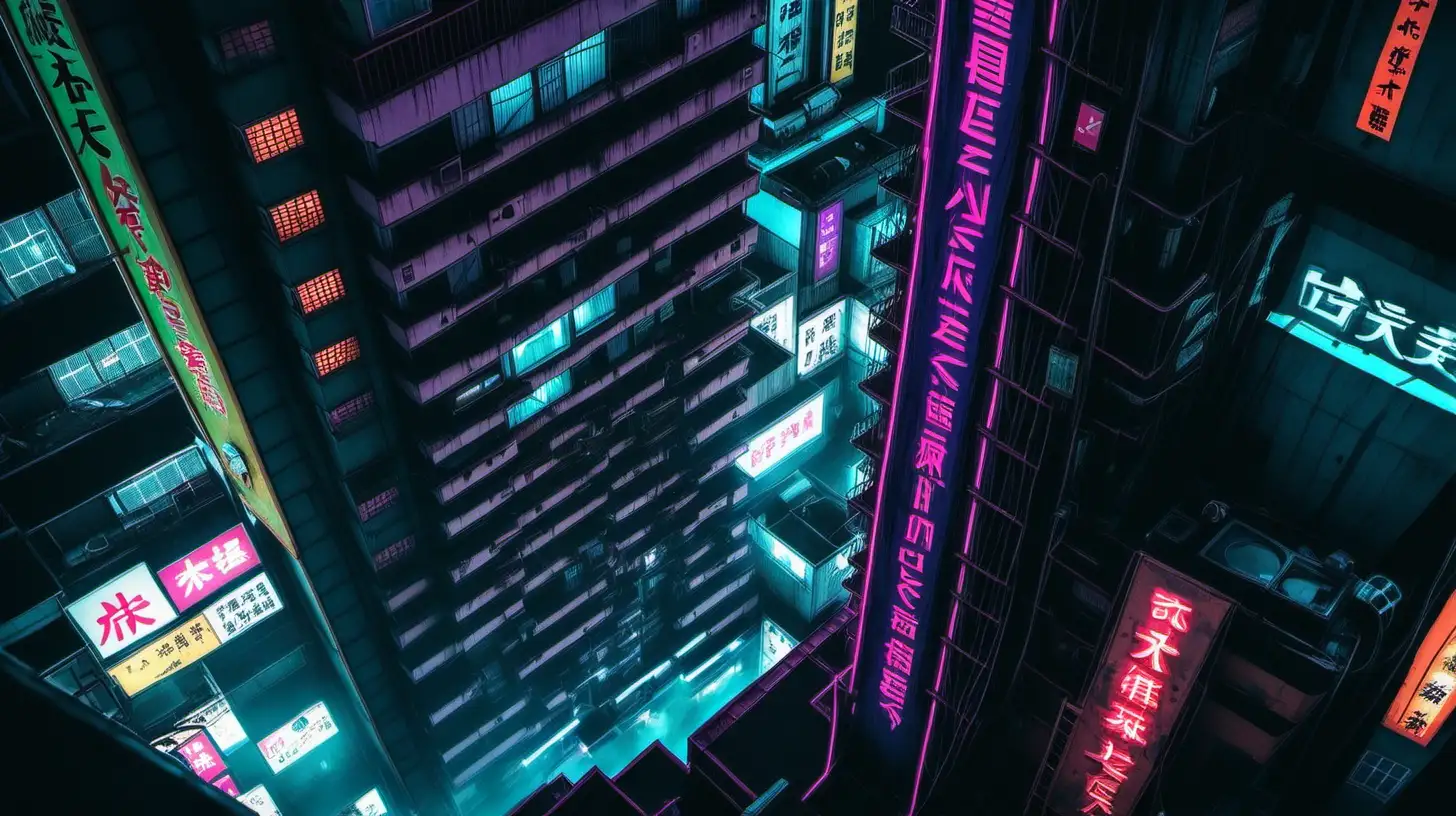 Japanese cyberpunk neon city top of building looking down