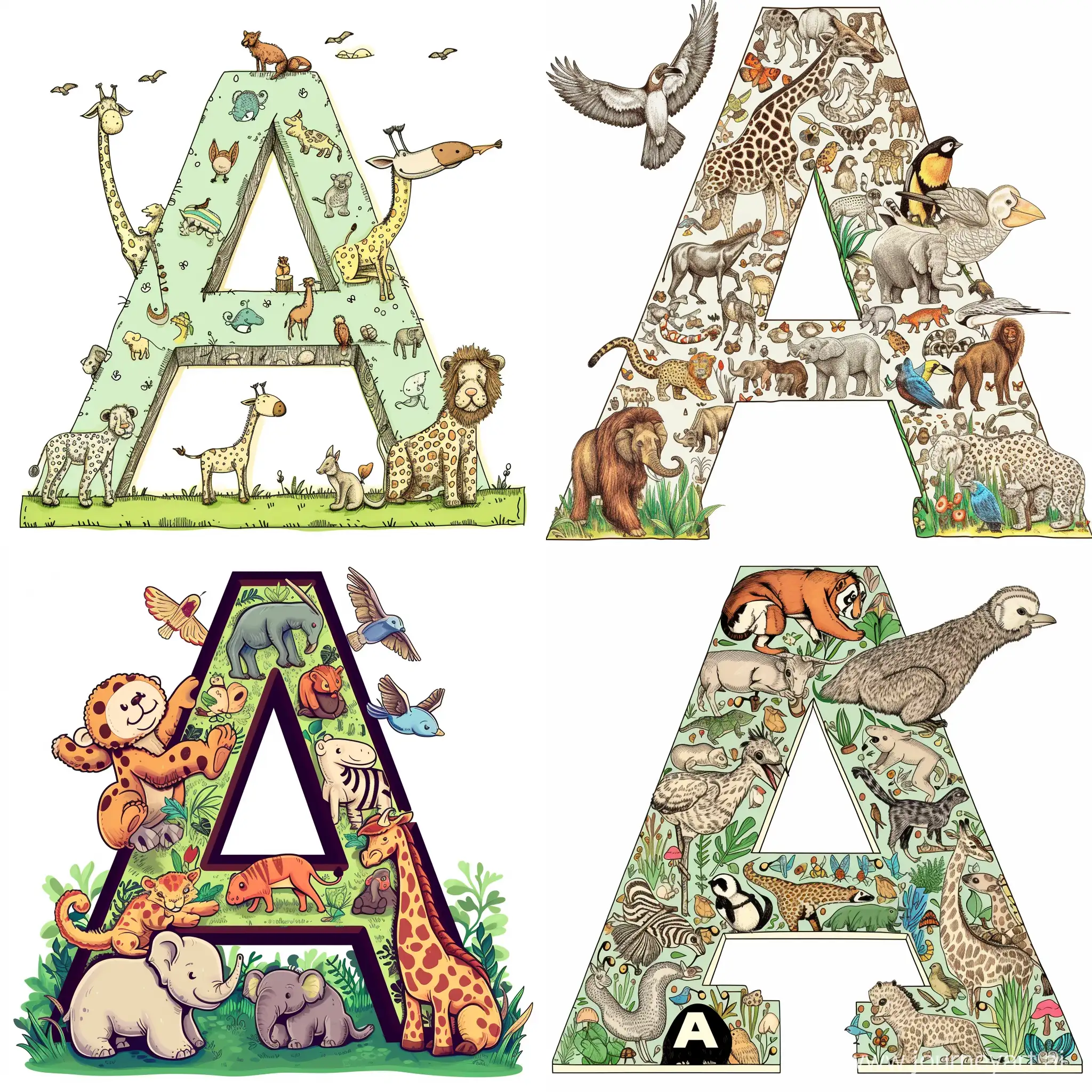give a vector letter A to be traced on a kid book with animals starting with A