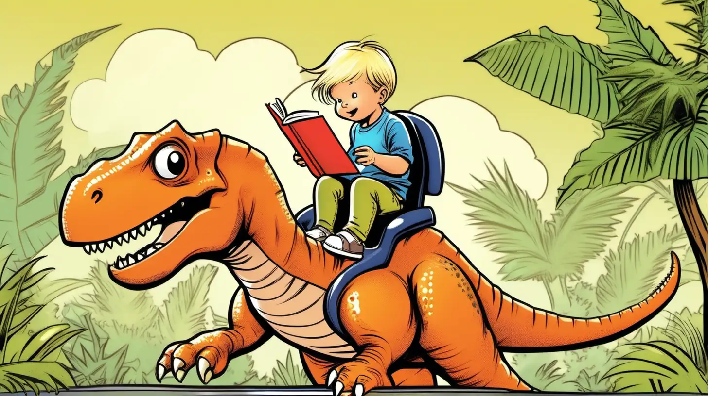 A blond toddler boy, riding a dinosaur and reading a book. Made in a comic art style.