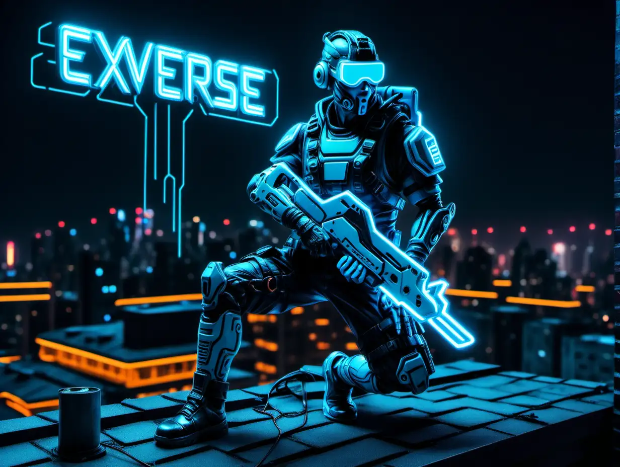 EXVERSE cyberpunk soldier with chainsaw neon light blue cyberpunk rooftop with EXVERSE branding and drones
