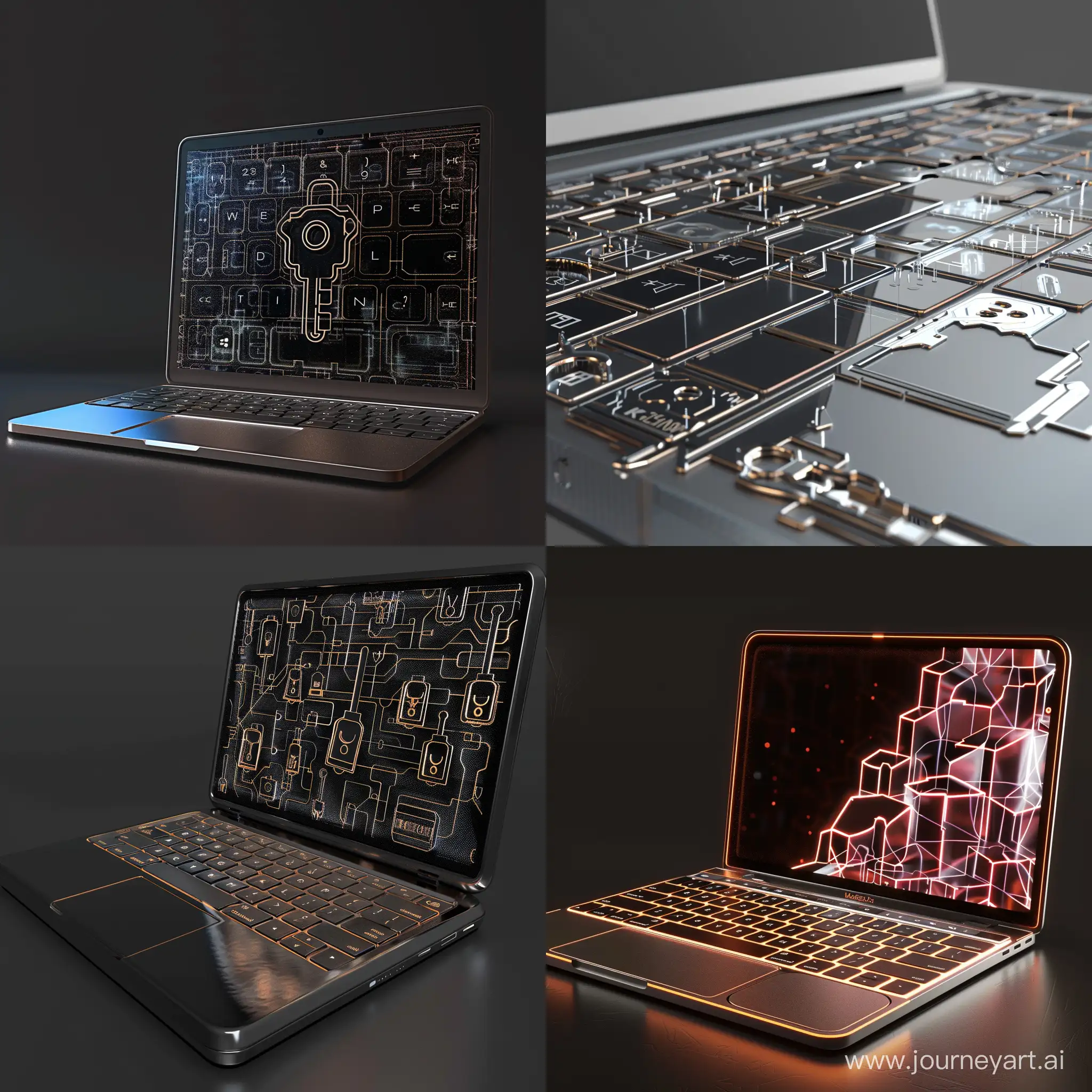 Ноутбук с 3D-обоями в виде ключей, ultra-fine lines, modern fashion digital rendering, cartoony, stylish, beautiful.