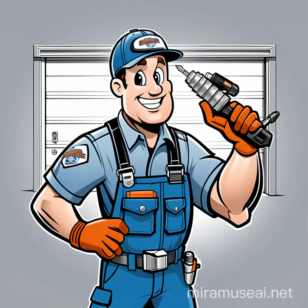 
"Create a cartoon illustration of a confident technician in uniform, holding a garage door spring in one hand and a drill in the other. The background should feature tools or a garage door. Use blue and gray tones for professionalism, with hints of red or orange for energy. This mascot represents Bennett Garage Door Services, embodying trust and reliability in the industry."