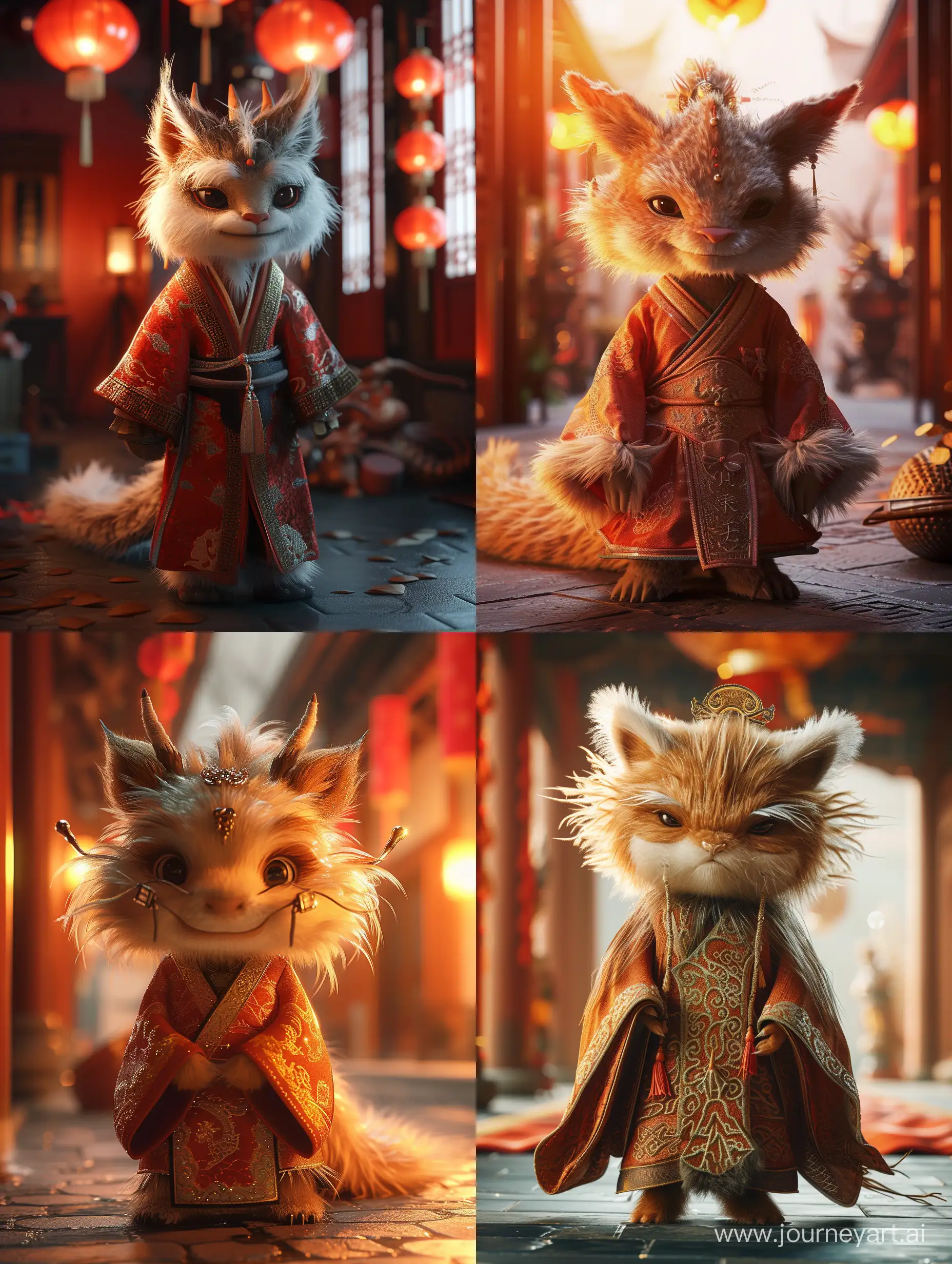 A cute and adorable Chinese dragon with a humanized appearance, dressed in traditional ancient Chinese robes, with fluffy fur, rendered in cute 3D animation style using OC rendering and C4D. The scene is enhanced with stunning lighting effects using ray tracing technology, resulting in an 8K HDR best quality image. 