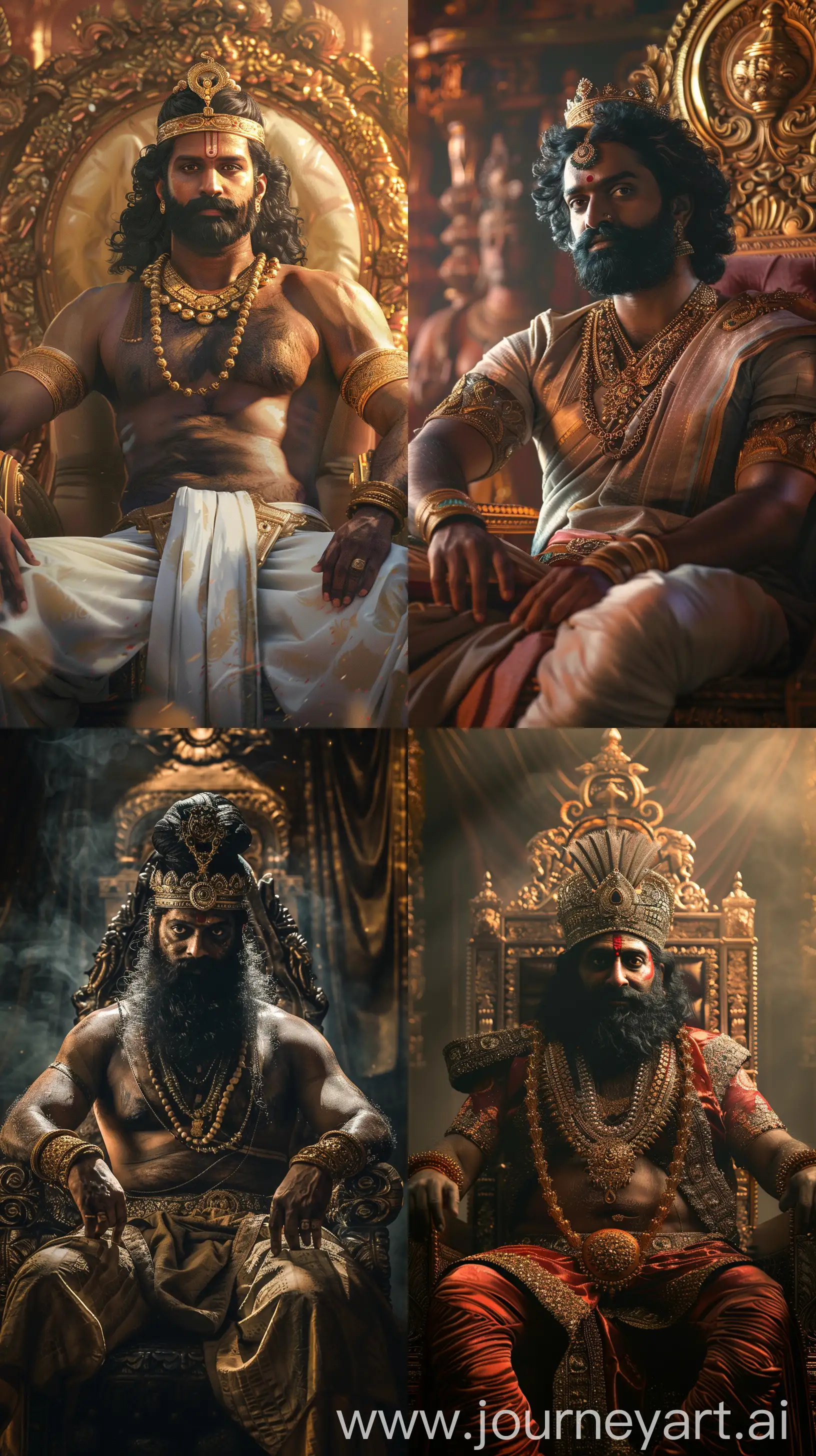 Images of an ancient Indian king in his fifties, black haired, bearded, crowned, seated in his throne, slightly chubby, cinematic light, intricate details, 8k quality images --ar 9:16 --c 10