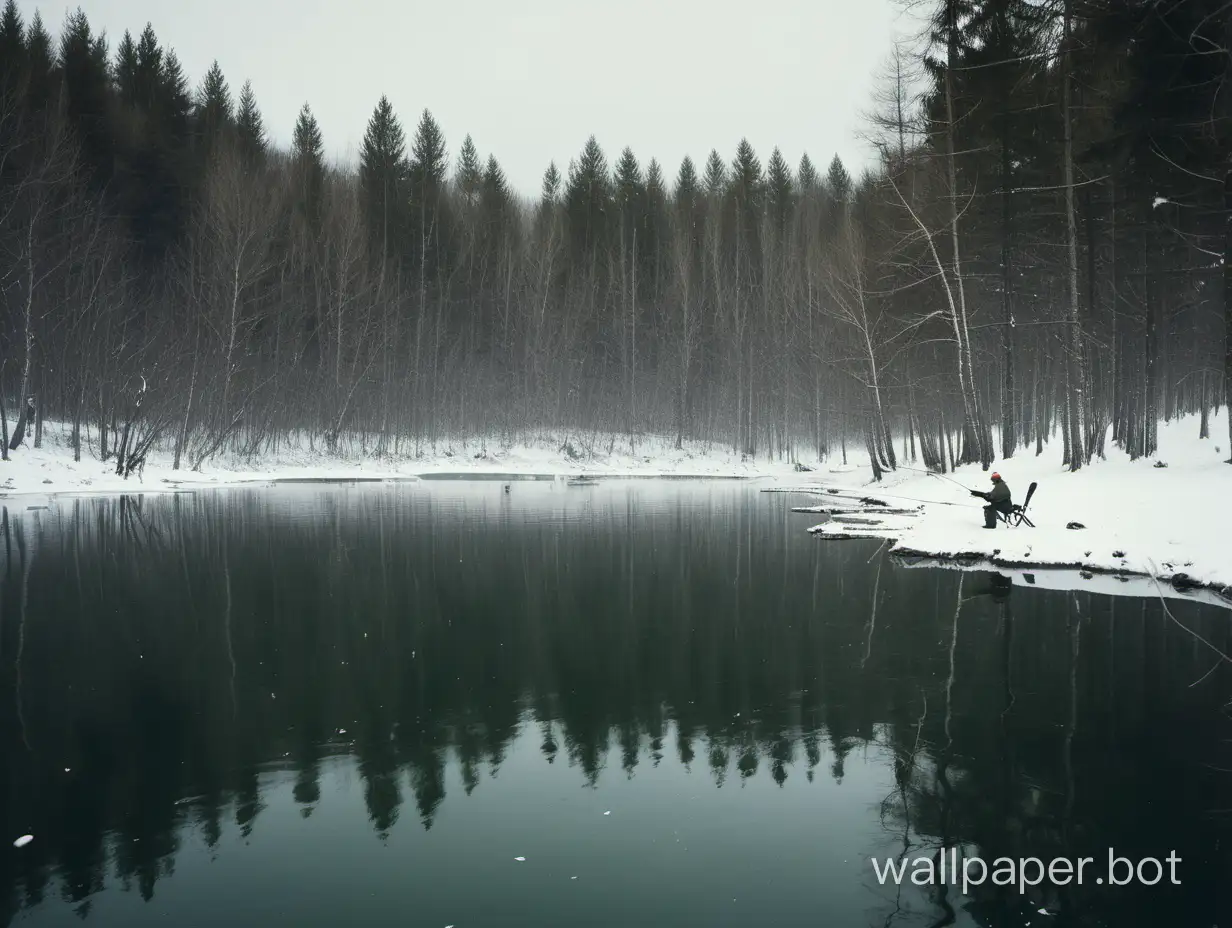 forest and lake and snow and fishing in the water