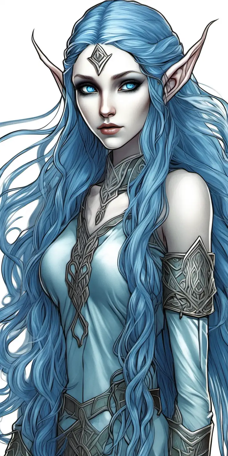 An elf woman, cold blue eyes, long blue hair. Pale skin.