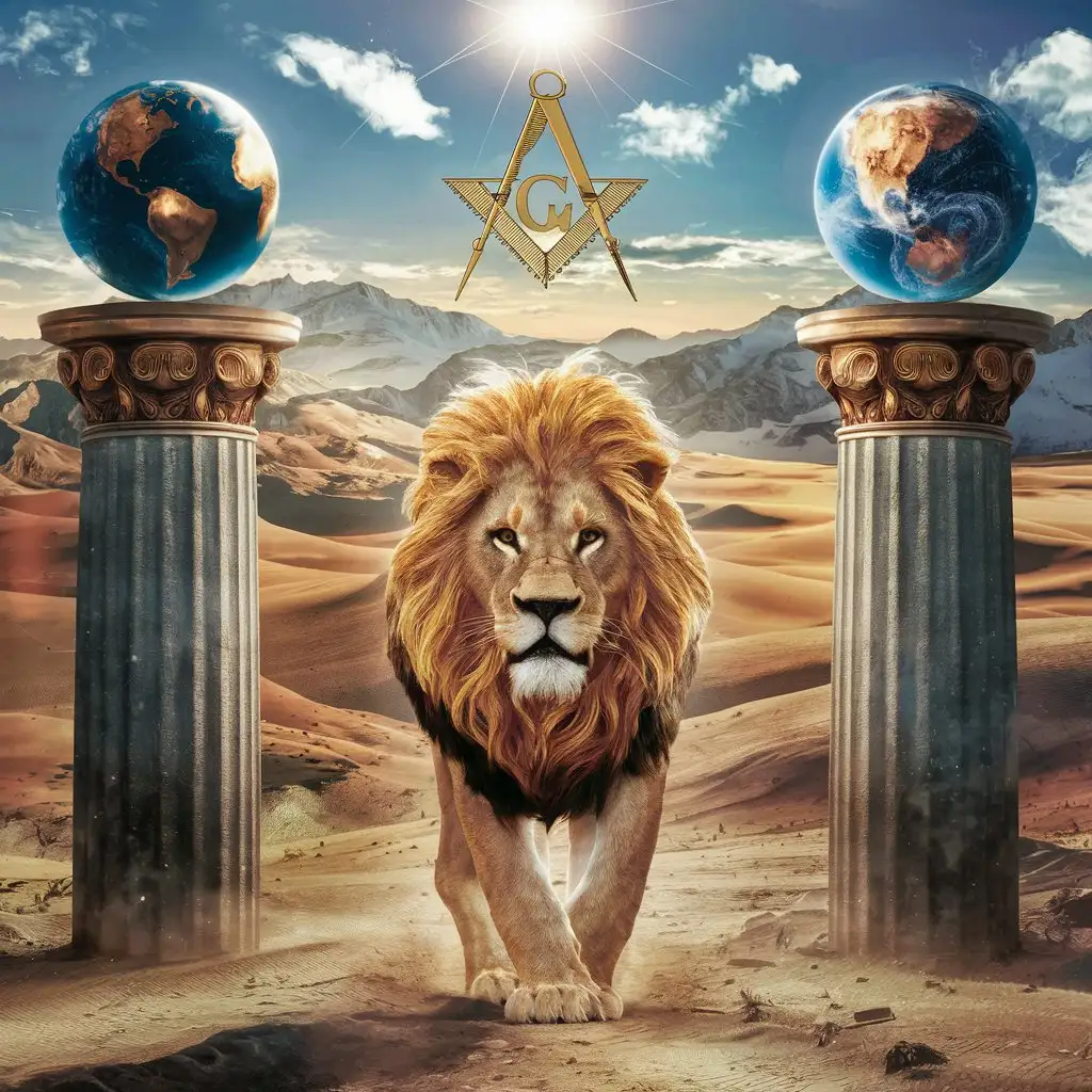 Male lion with golden mane walking through two large pillars, a globe of earth is on top of the left pillar, a celestial globe is on top of the right pillar, mountains and sand in the background, sun shining high with a masonic square and compass in the center