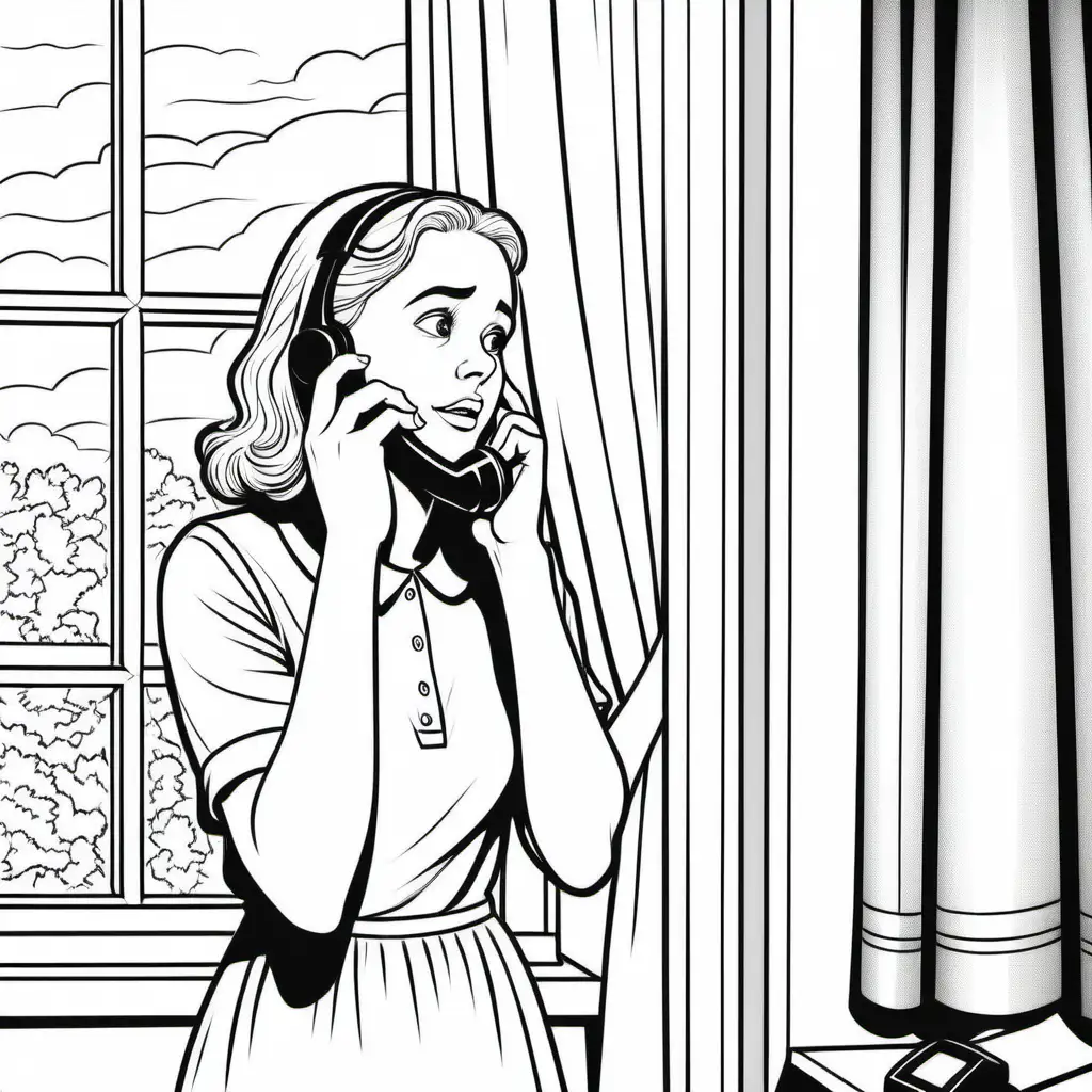 Worried Young Woman Talking on Old Phone Coloring Page