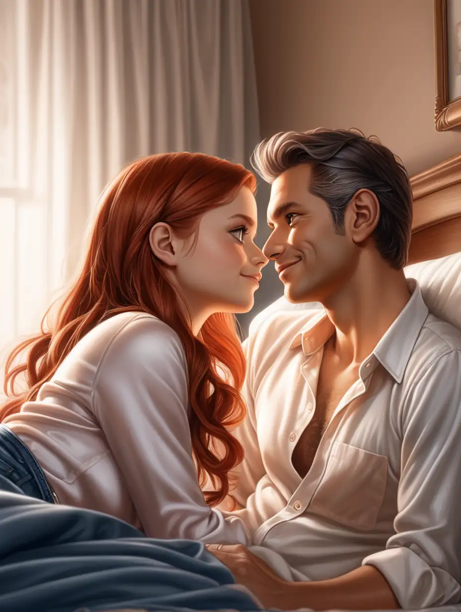 Gros  plan, super realistic, couple in love, se regarde amoureusement sourire rafraîchissant, Ginny Weasley,Chemise manches longues en satin stretch soyeux ivoire très très échancrée et micro jupe rouge vif et pieds nus couché on the bed in the bedroom with her husband an old Andean man white shirt and jeans and pieds nus, facing towards the viewer, warm bedroom decor, two large pillows on the bed, bedding color scheme is brown, bedroom decor white-graphite.