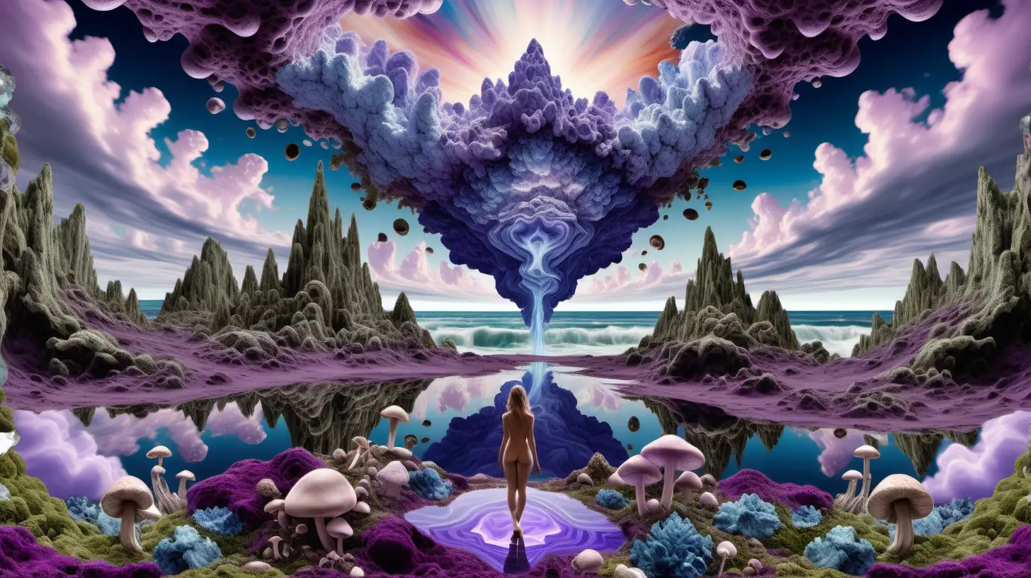 Psychedelic landscape, crystalline purplish-indigo mineral clouds, kaleidoscope sky, with nude woman ascending up into the sky, Moss, minerals, mushrooms, and sea water flowing on the ground