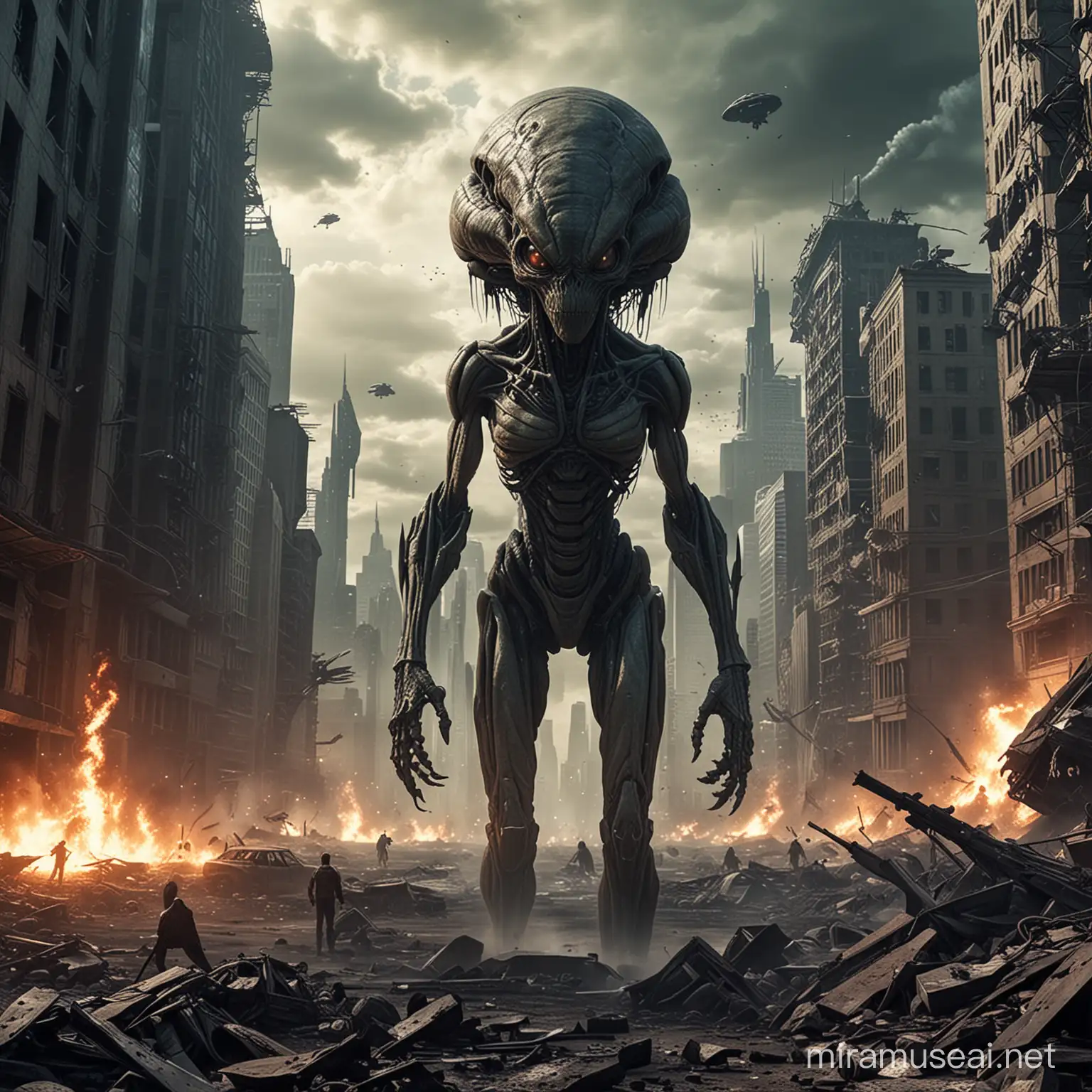 Apocalyptic Battle Humans vs Aliens Devastating Cityscape