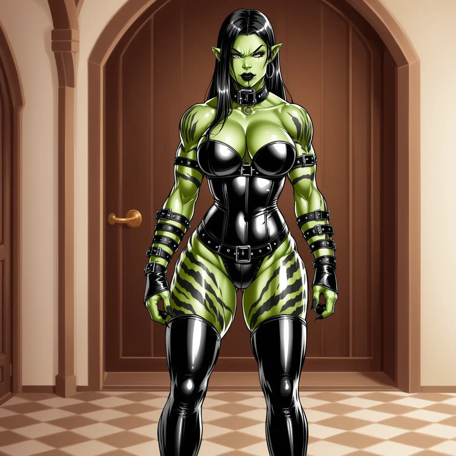 The Orc woman has green skin, long straight black hair that is shaved on the left side, orc tusks, gray eyes, big tits, she is tall, very muscular and very beautiful and 40 years old. She black tiger stripe tattoos on her body. She has shiny black lipstick. She is wearing a shiny black latex corset, miniskirt, very long gloves, high heel thigh high boots, bdsm gear and a bondage posture collar with a ring. She is in a mansion. She is relaxed and does not have a weapon.