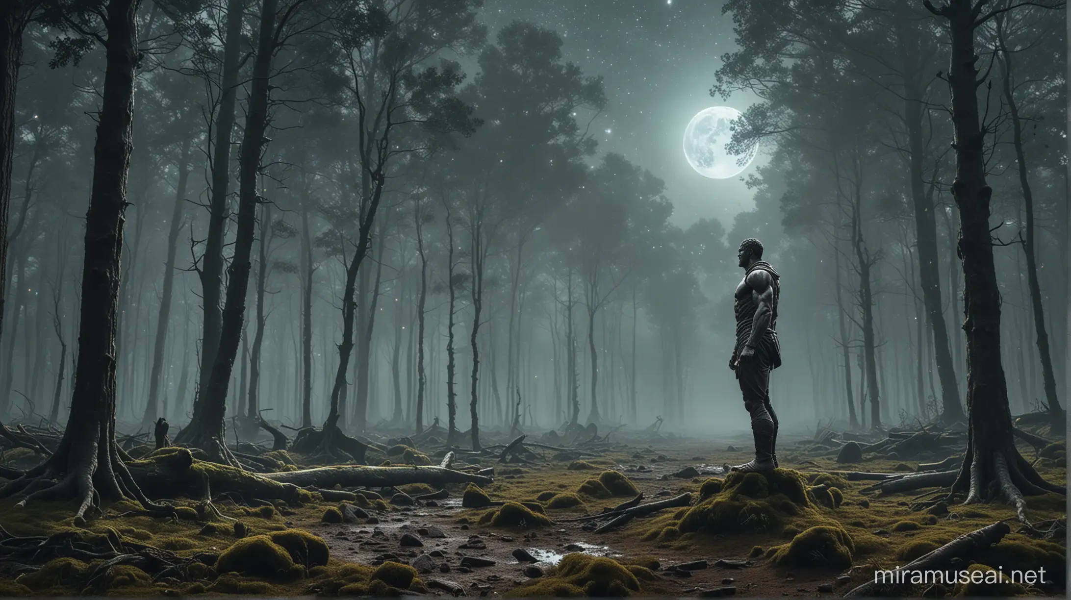 Stoic Muscular Figure Contemplating in Enigmatic Forest Setting