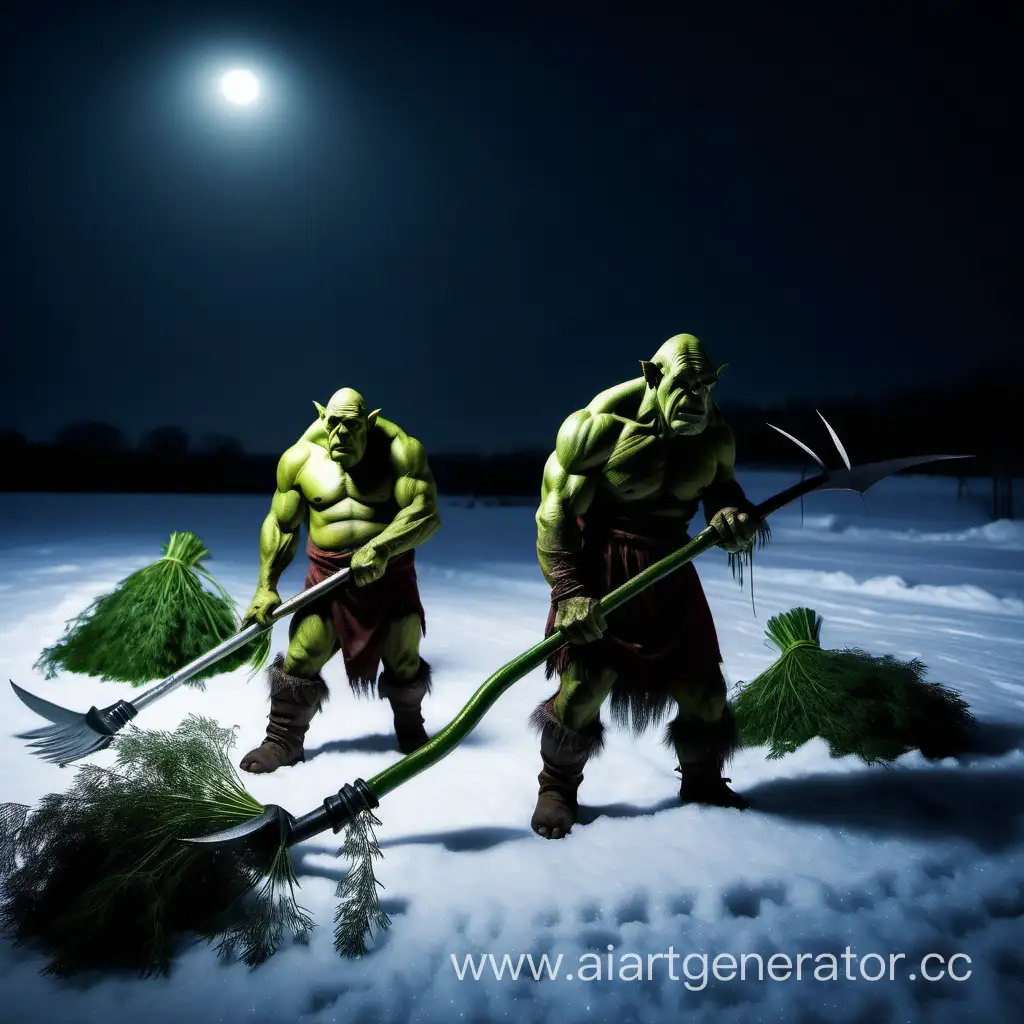 Orcs-Harvesting-Dill-with-Scythes-in-Winter-Night