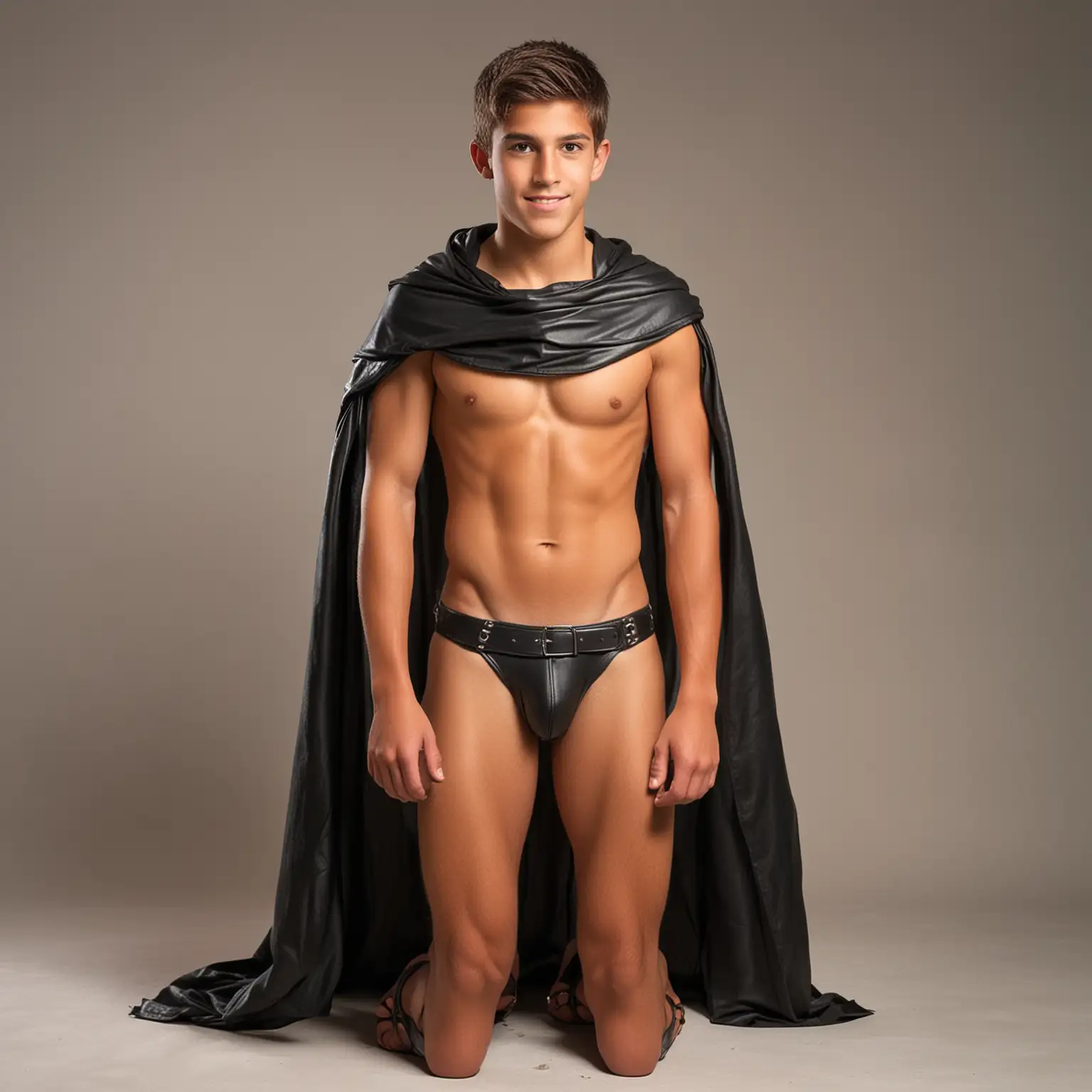 a cute tanned teenage spartan warrior, wearing very short brief leather jockstrap, and cloak, and sandals showing his feet and toes
