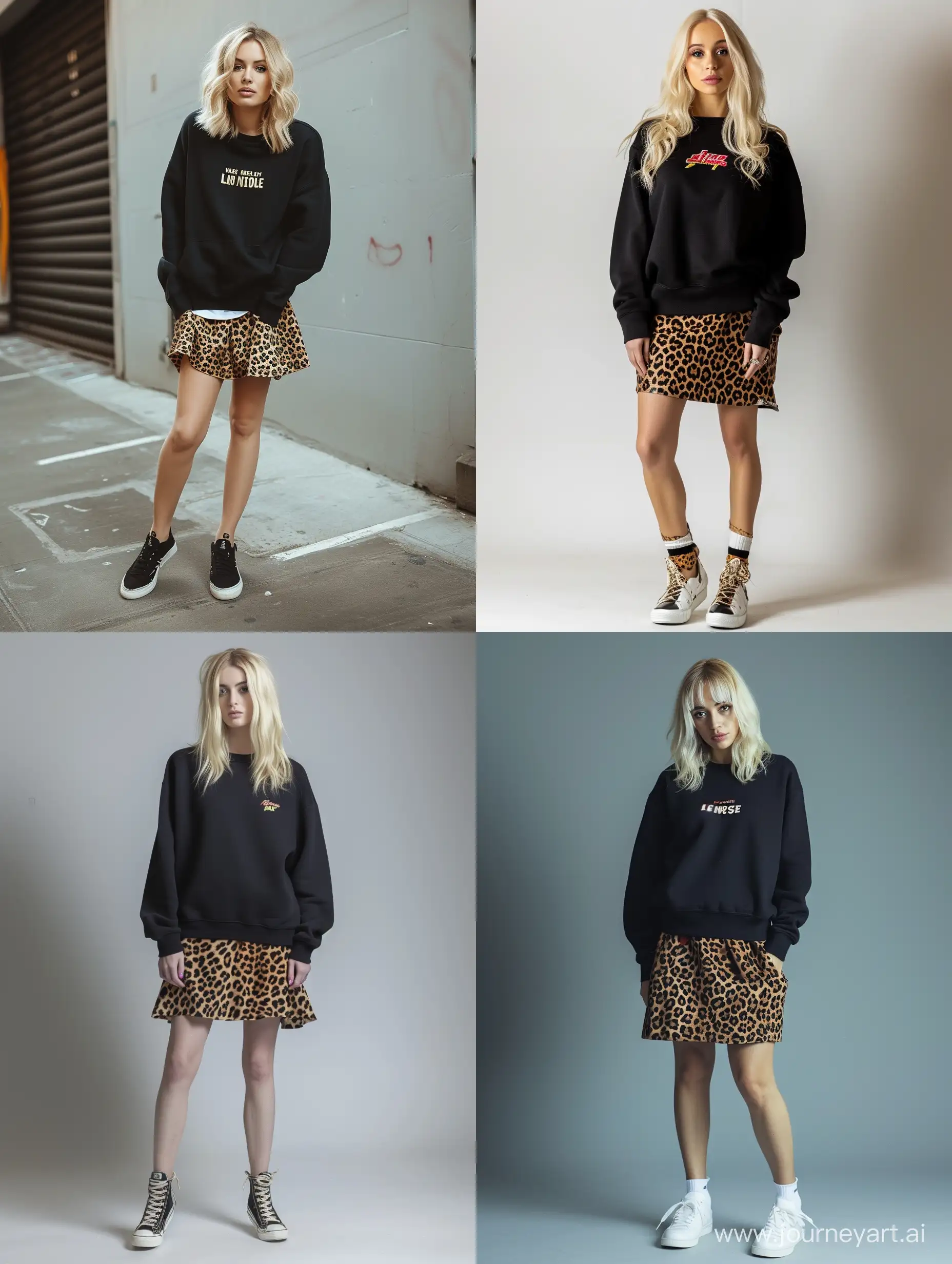 Blond-Woman-Standing-in-Stylish-Leopard-Skirt-and-Black-Sweatshirt
