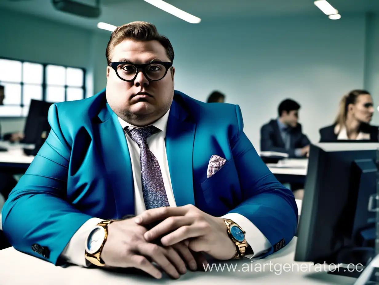Толстый, богатый мужчина, с дорогими часами на каждой руке, в дорогом   синем костюме, в компьютерном классе, сидит, смотрит в камеру
