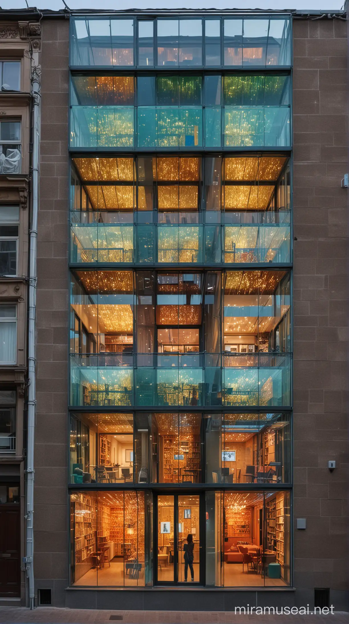 a three-story building, only four meters wide, completely made of colored glass