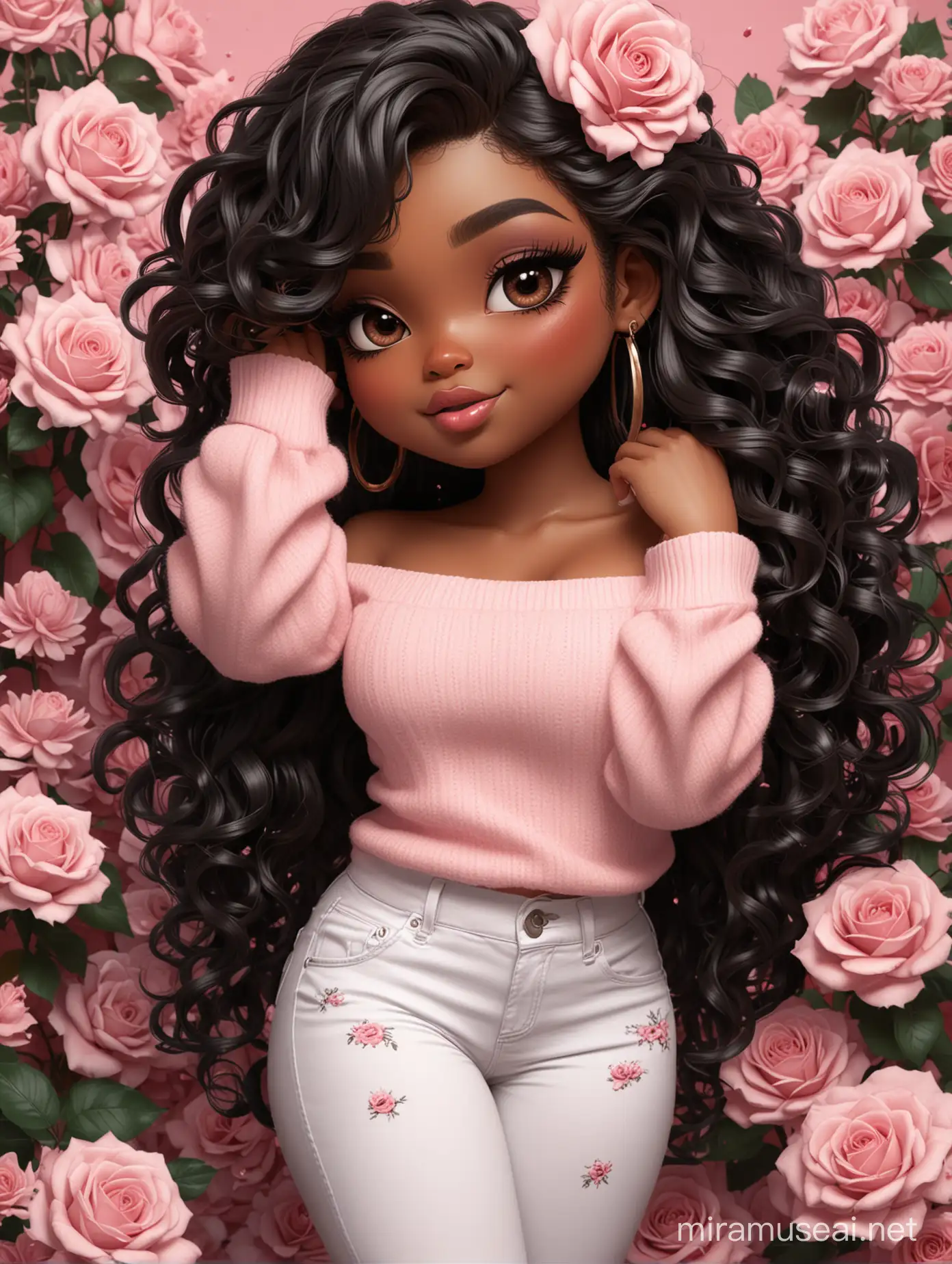 Create an expressionism art image of a chibi thick curvy black female wearing tight white jeans and rose pink off the shoulder sweater.. Prominent make up with brown eyes. Highly detailed wild long curly black hair flowing in her face. Background of rose pink and black flowers all around.
