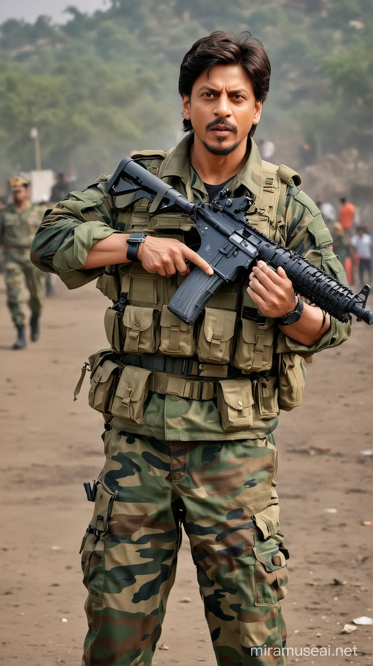 Bollywood Star Shah Rukh Khan in Army Combat Gear with M16 Rifle