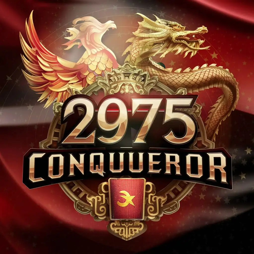 logo, phoenix and dragon, with the text "2975 Dynastic Conqueror", typography add a faded transparent Vietnam flag