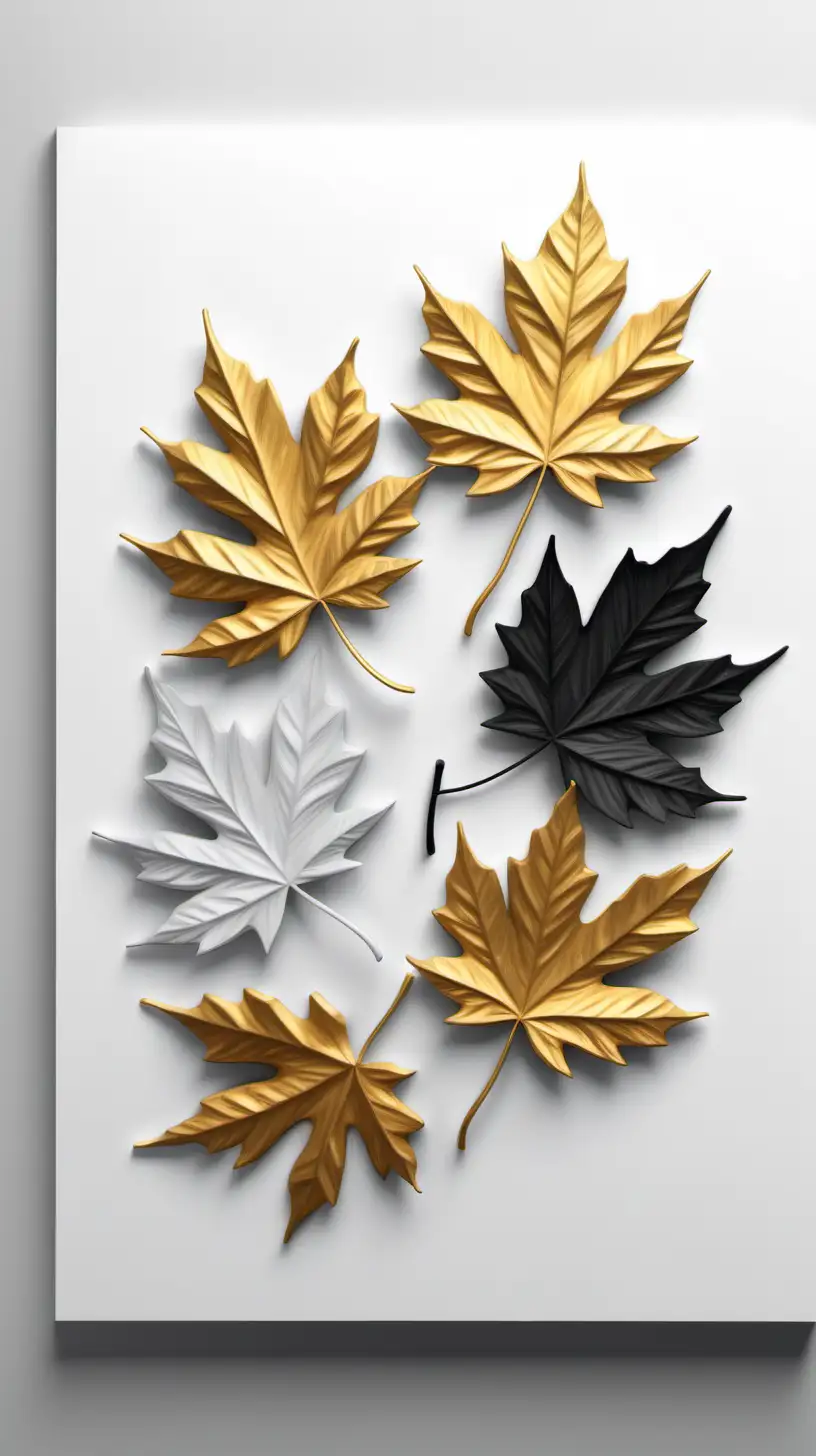 A hyper realistic 3d drawing featuring autumn leaves with deep perspective
[black and white and gold]
white empty background