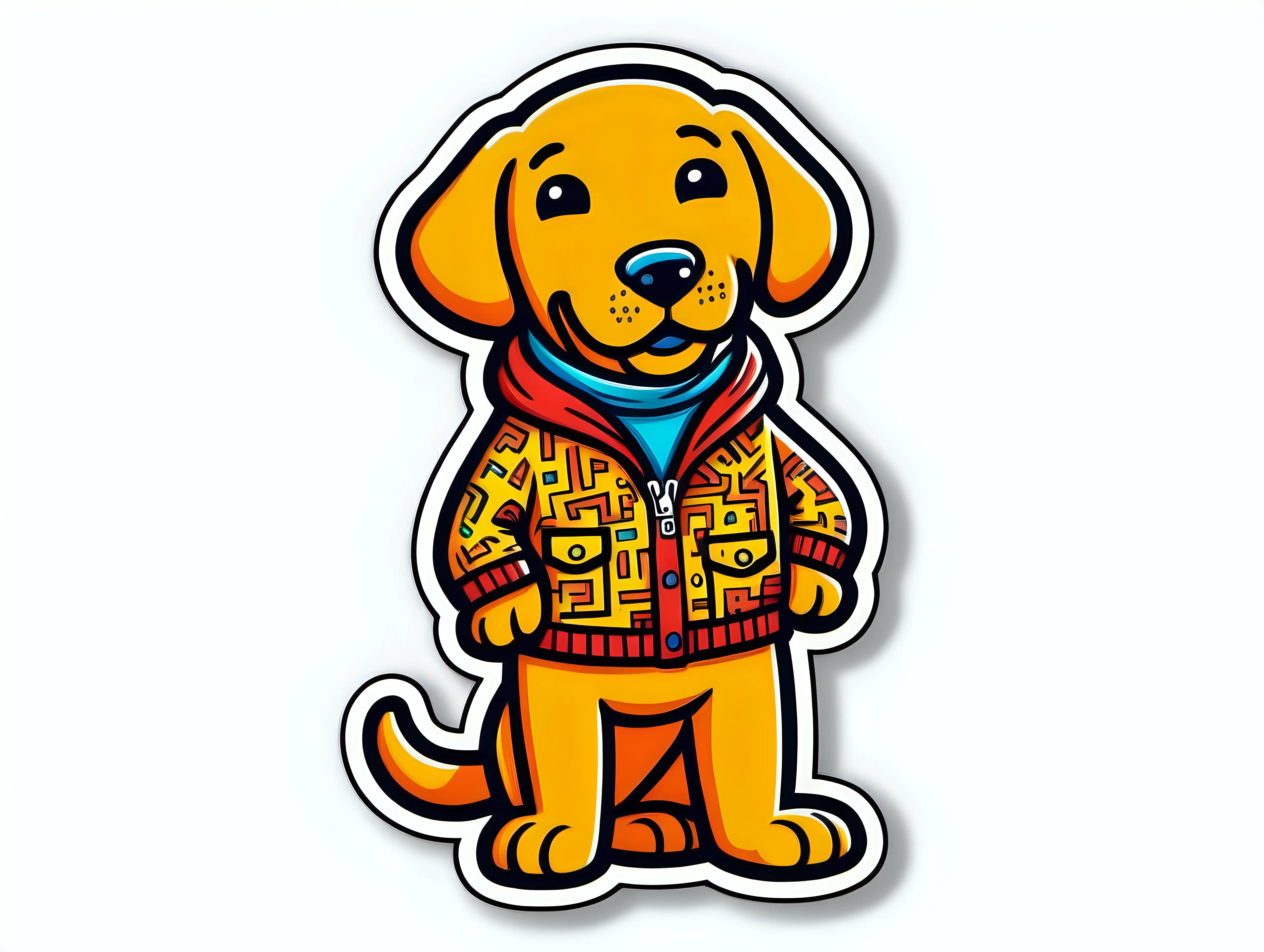 a cartoon character labrador retriever dressed in 1970s clothing, vibrant color, line art, like a sticker, white background, in the style of keith haring