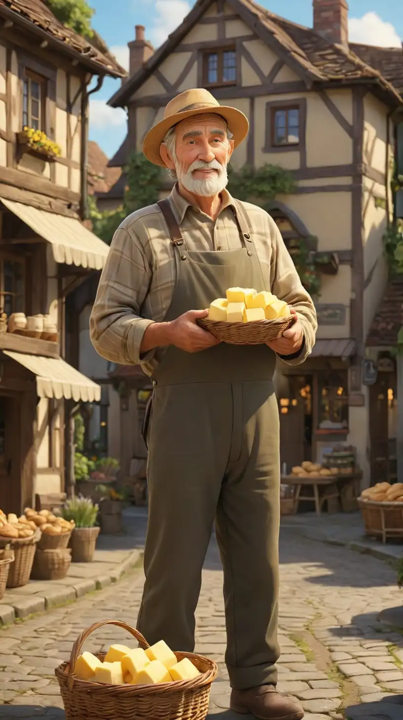 Create a 3D illustrator of an animated scene where, a average skin toned farmer in his 70s is depicted with a basket of fresh butter, standing in front of a traditional bakery. Background with picturesque village scene with quaint cottages and a bustling marketplace