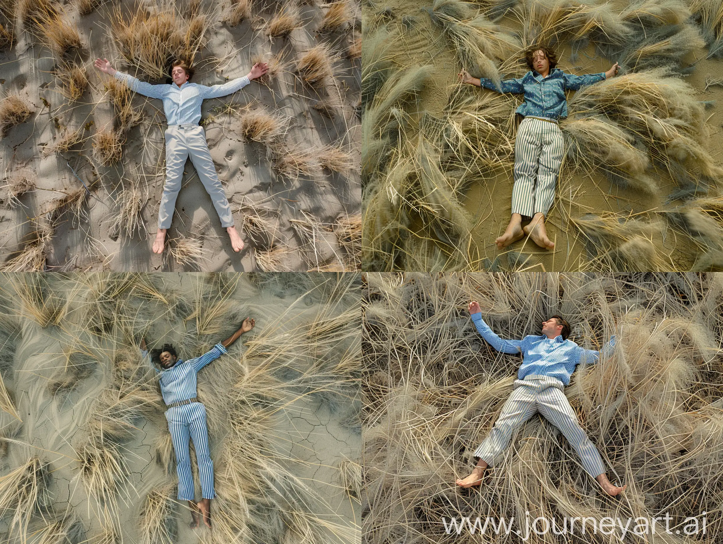 A man lying in the grass, arms and legs outstretched, surrounded by a lot of long barren grass, wearing a blue and white striped trouser shirt, disheveled, 