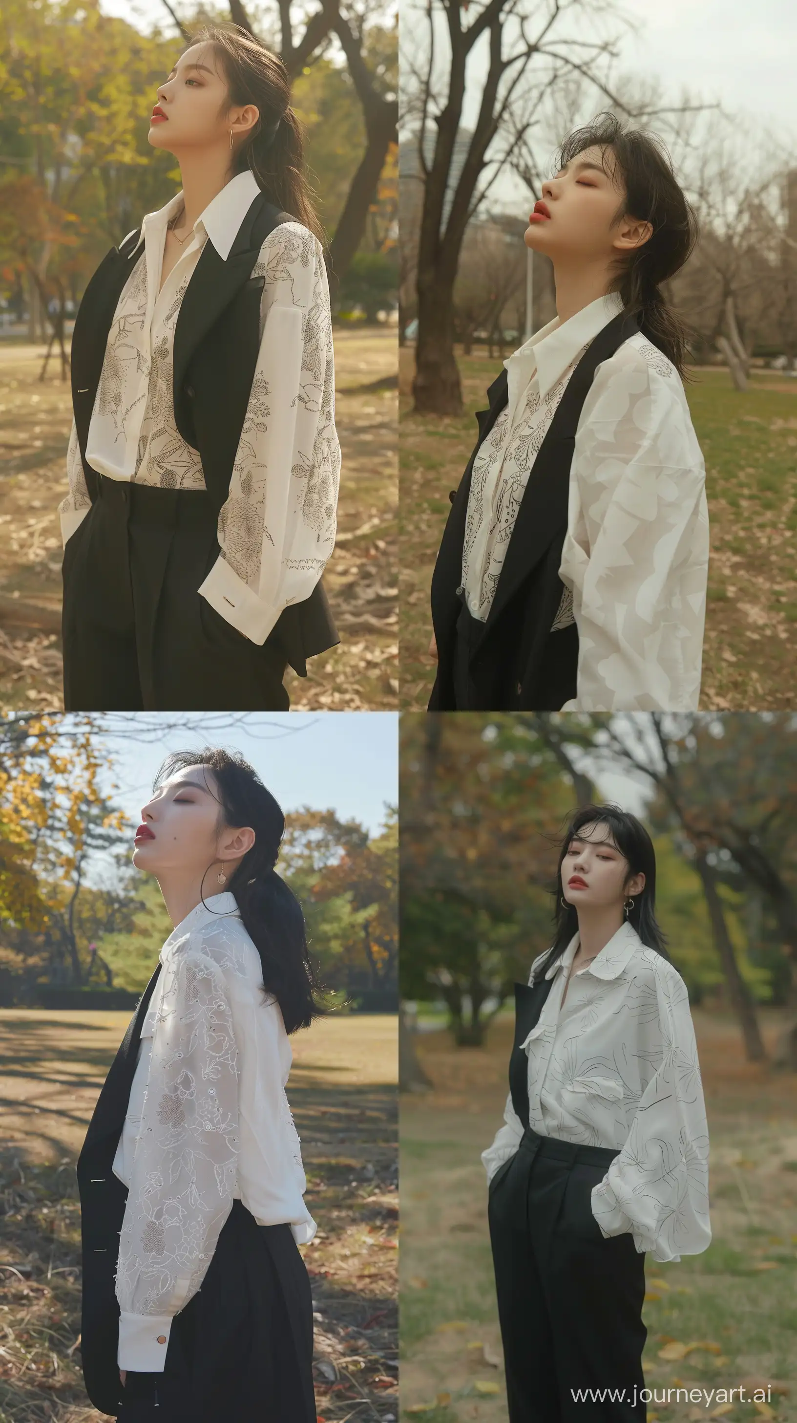 A profile beautiful Asian bared face woman ,wearing white oversize motived blouse and black oversize suit standing on a park ,profile,no make up,no  accessories,facial features resembling Blackpink's Jennie. --ar 9:16 --v 6
