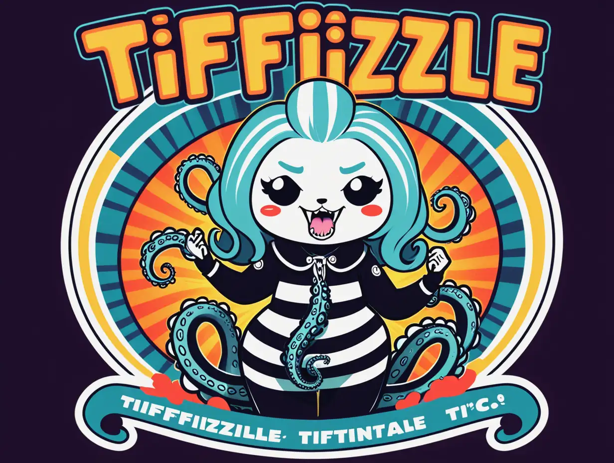 a retro product label called "Tiffizzle" featuring thicc attractive tentacle-carousel haired goth punk sunshine screaming karaoke dark fire stripes angry boogaloo in a doot doot zombuddy in the style of aggretsuko 