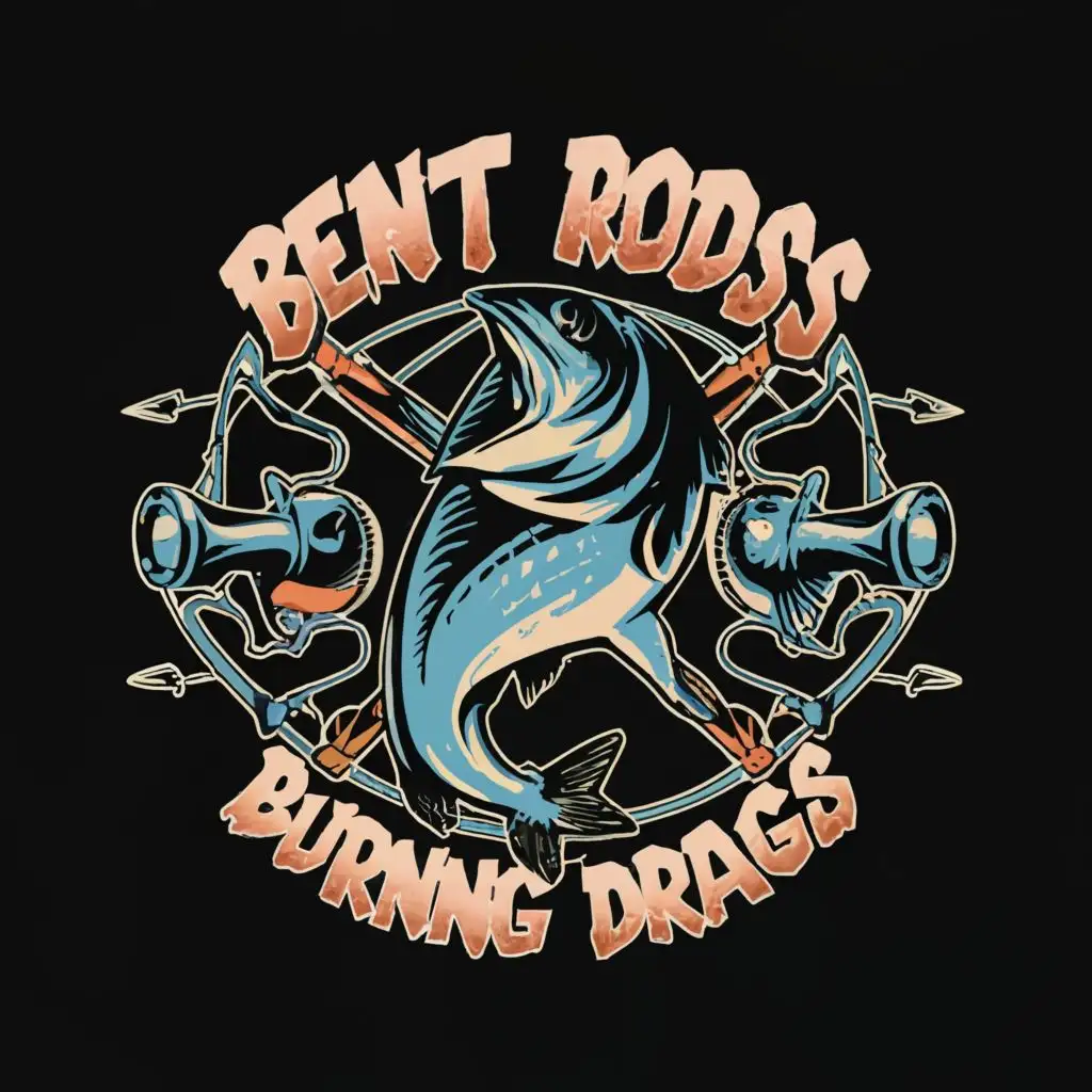 logo, fishing rods and reels around a tuna with a puff of smoke, with the text "Bent Rods & Burning Drags", typography