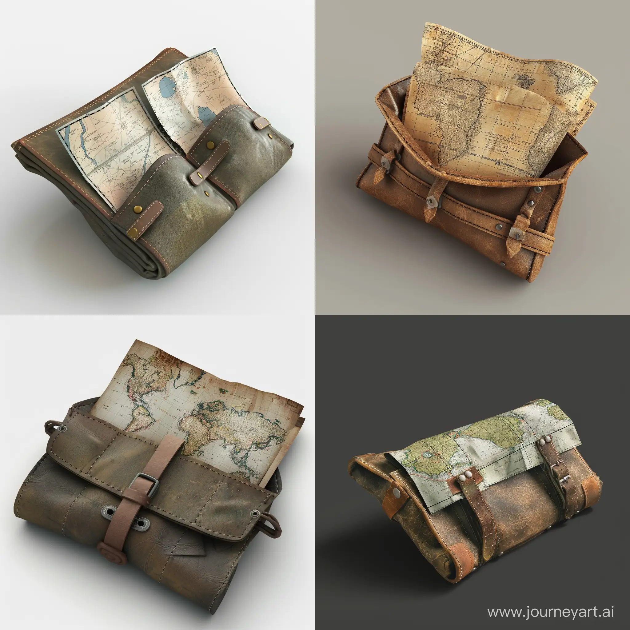 old military mapping folded paper isometric in small opened military leather pouch realistic 3d render no background