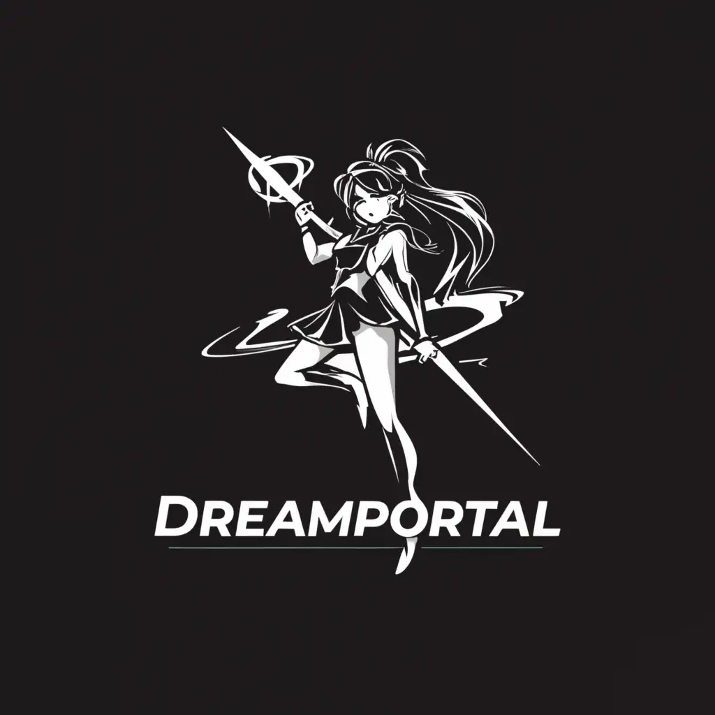 a logo design,with the text "DreamPortal", main symbol:Anime girl with weapon, black and white colors,Moderate,clear background