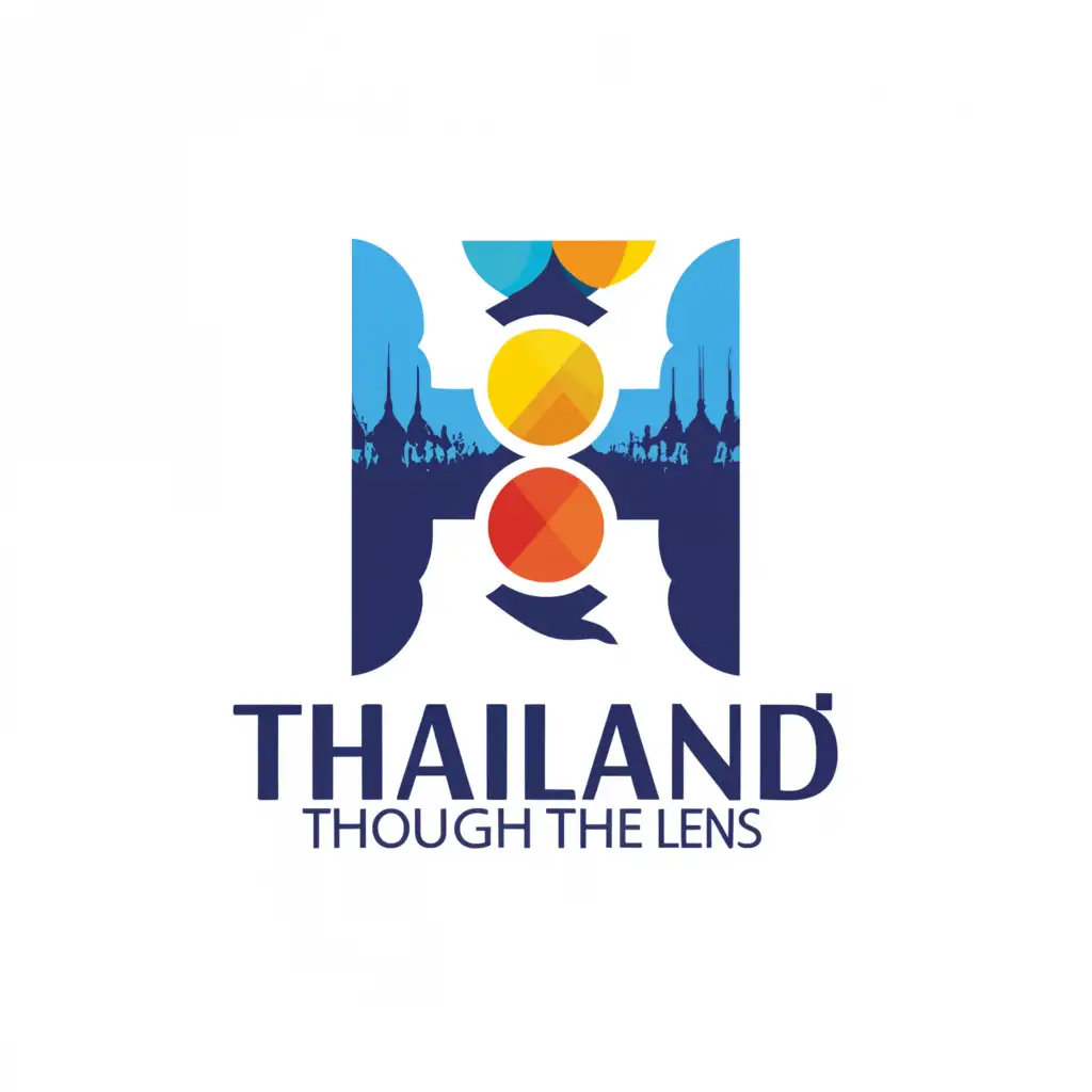 a logo design,with the text "Thailand through the lens", main symbol:Make a modern, beautiful logo in delicate colors for the Thailand Through the Lens tour. Write the name of the tour "Thailand through the lens" on the picture, depict the sea and the beach, the city of Bangkok, the cinema, people swimming in boats. Everywhere there is sun and islands.,Moderate,be used in Travel industry,clear background