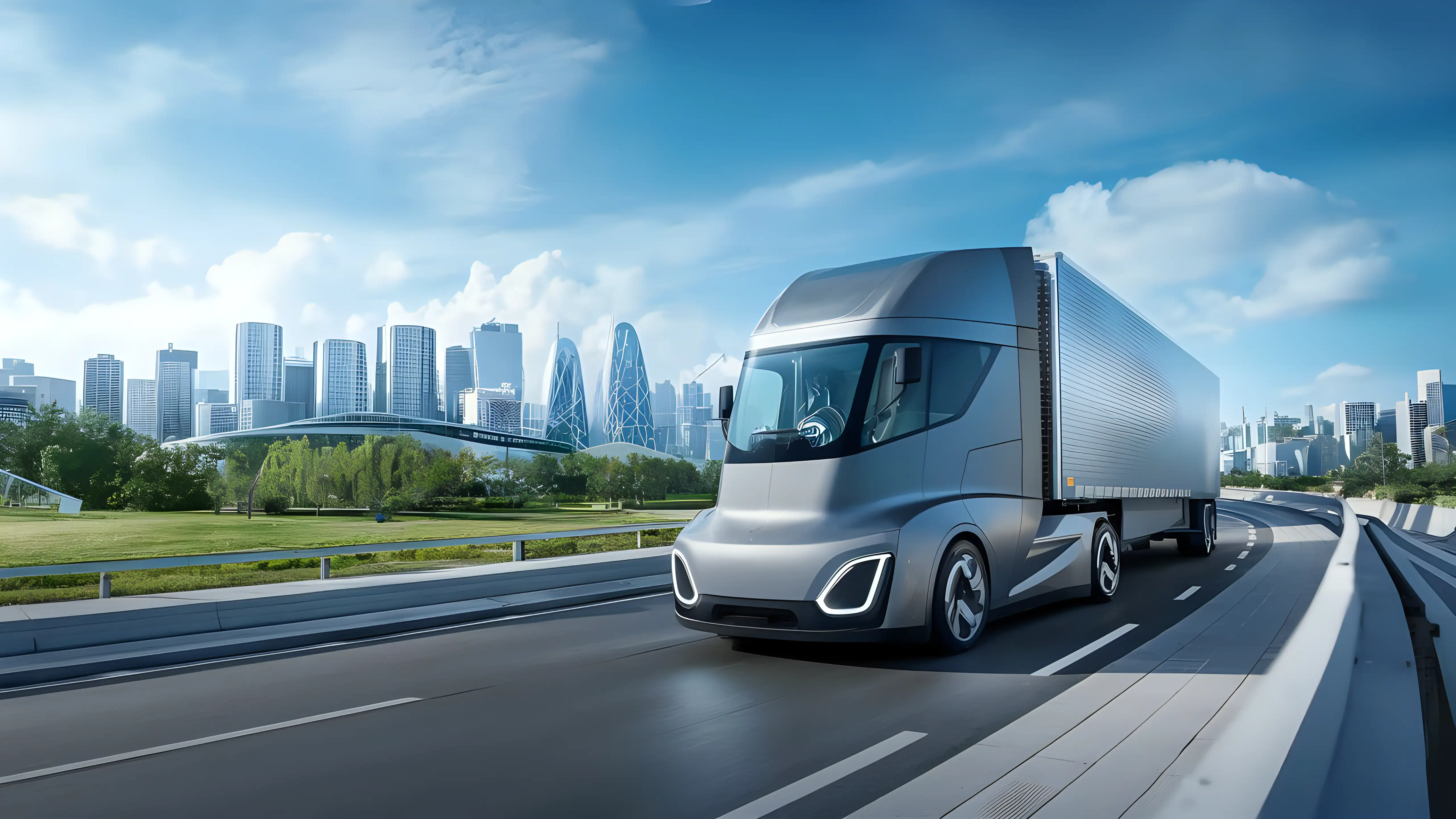 Futuristic electric autonomous truck on the modern city road