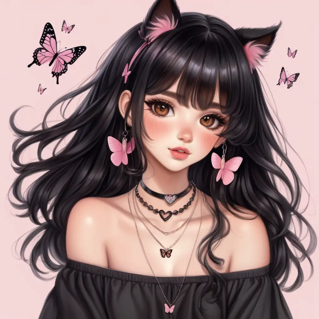 drawing of a cute young woman with long wavy black hair and layered bangs, brown eyes, long eyelashes, rosy cheeks, butterfly hair clips, plump pink lips, black off-the-shoulder shirt, 2 necklaces, black cat ears, cute girl drawing
