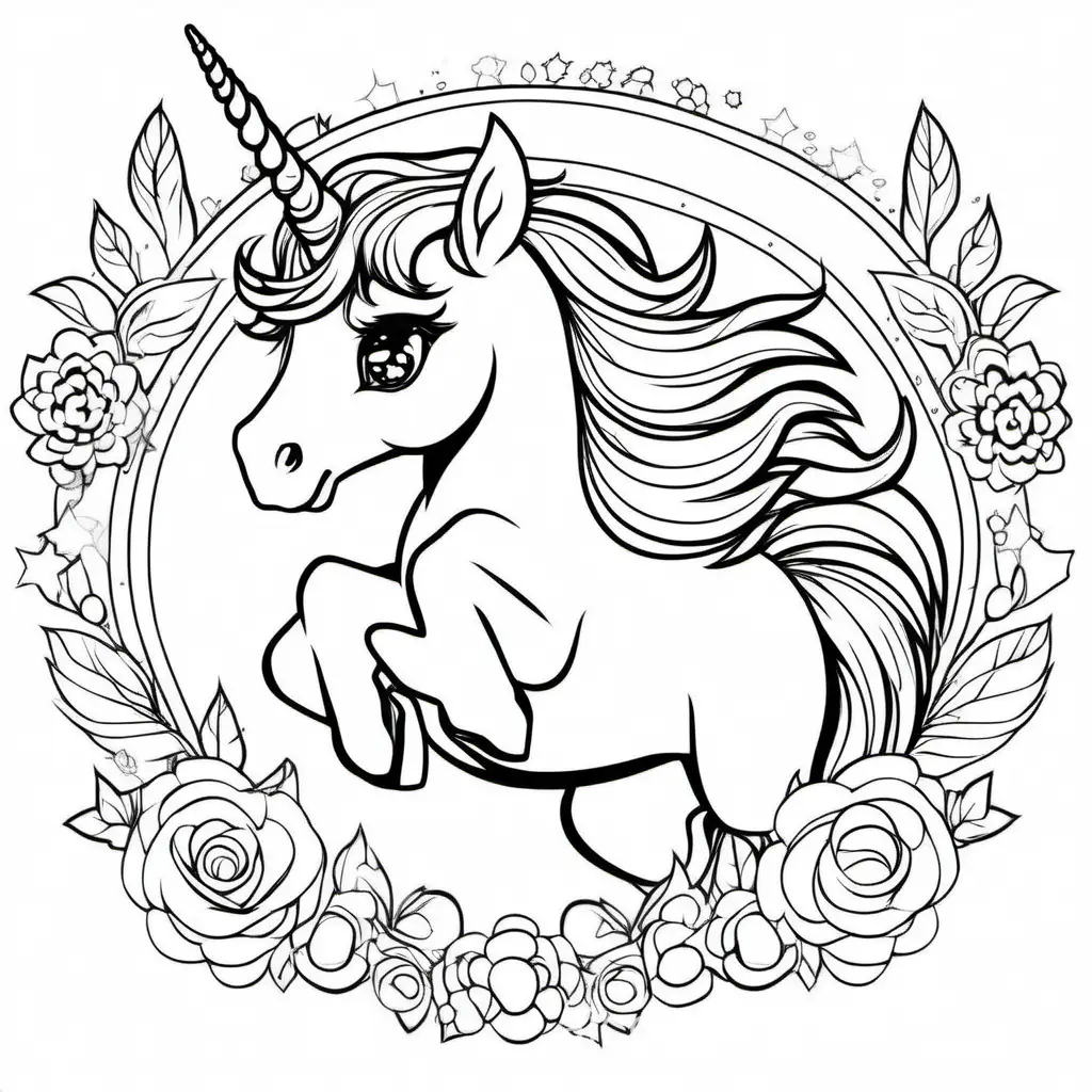  unicorn anime, Coloring Page, black and white, line art, white background, Simplicity, Ample White Space. The background of the coloring page is plain white to make it easy for young children to color within the lines. The outlines of all the subjects are easy to distinguish, making it simple for kids to color without too much difficulty 