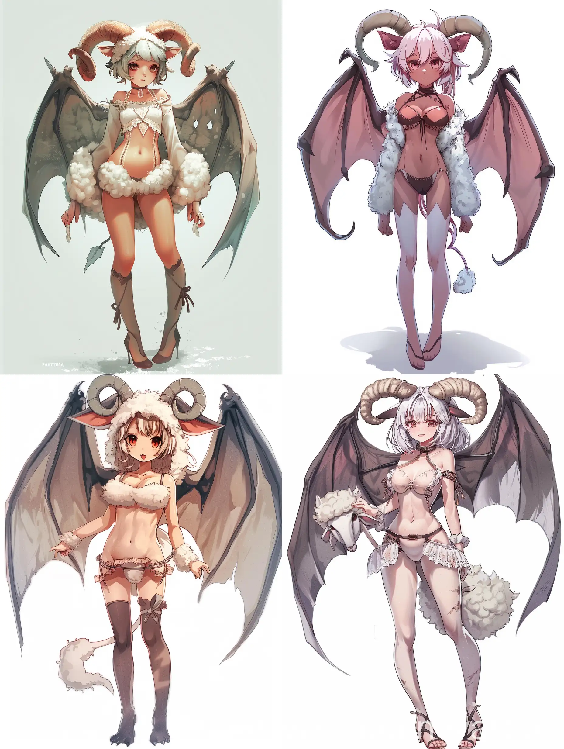 character design, anime girl, sheep horns, bat wings, pantera furry, standing, hole body