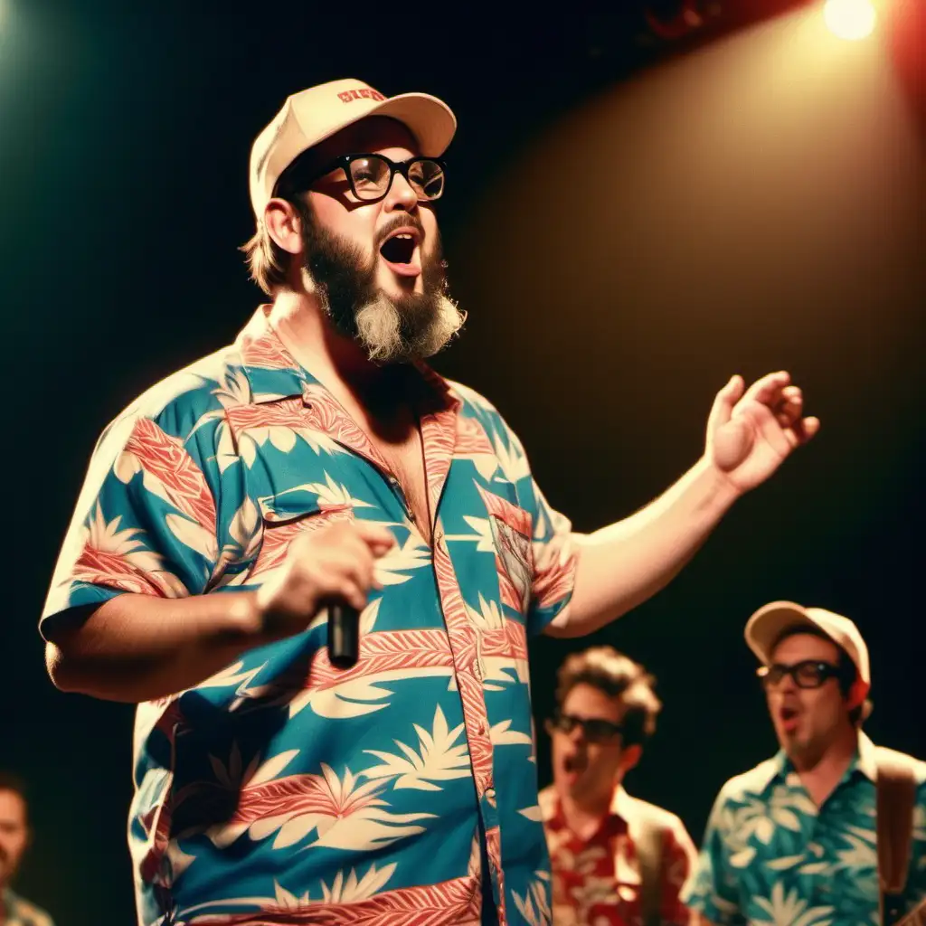 beared man, hawaiian shirt, baseball cap, slightly fat, glasses, clear facial features, singing in a rock band, standing on stage, full body in frame, retro look, Cinematic, 35mm, 28mm lens, f1.8, accent lighting, global illumination, -uplight - v5.2 - q2