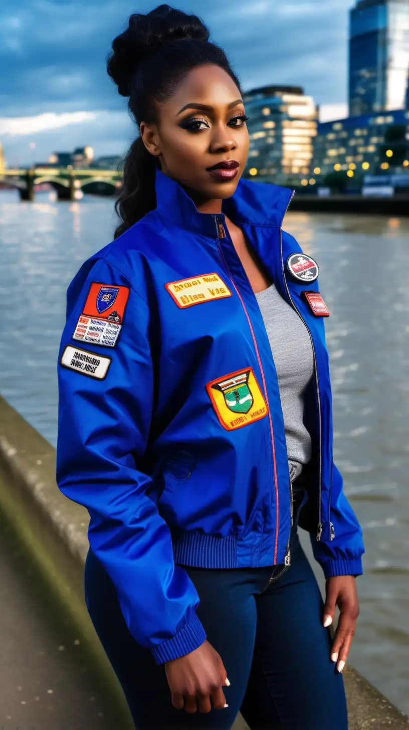 Beautiful Black woman, Wearing Royal Blue, Nylon Mechanics jacket with a few racing patches, Wearing denim, standing in front of the The Thames River, Resolution, lighting is Volumetric