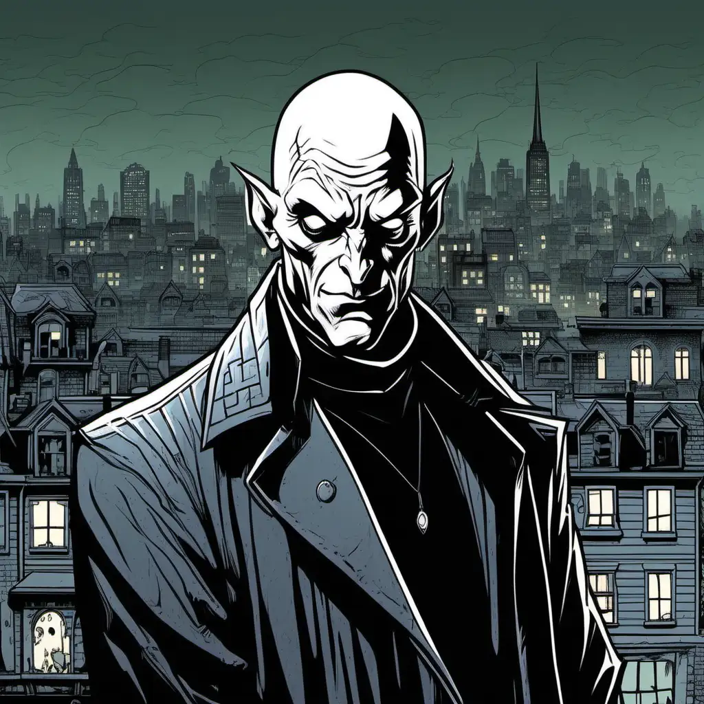 /imagine a hideous bald vampire in a turtleneck sweater. city at night background. line drawn in the style of Mike Mignola