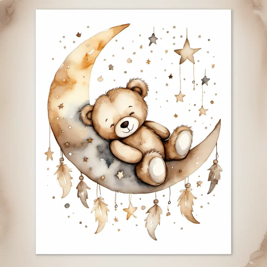A cute plush teddy bear sleeping on a crescent moon in watercolor boho style using neutral browns and beiges. 