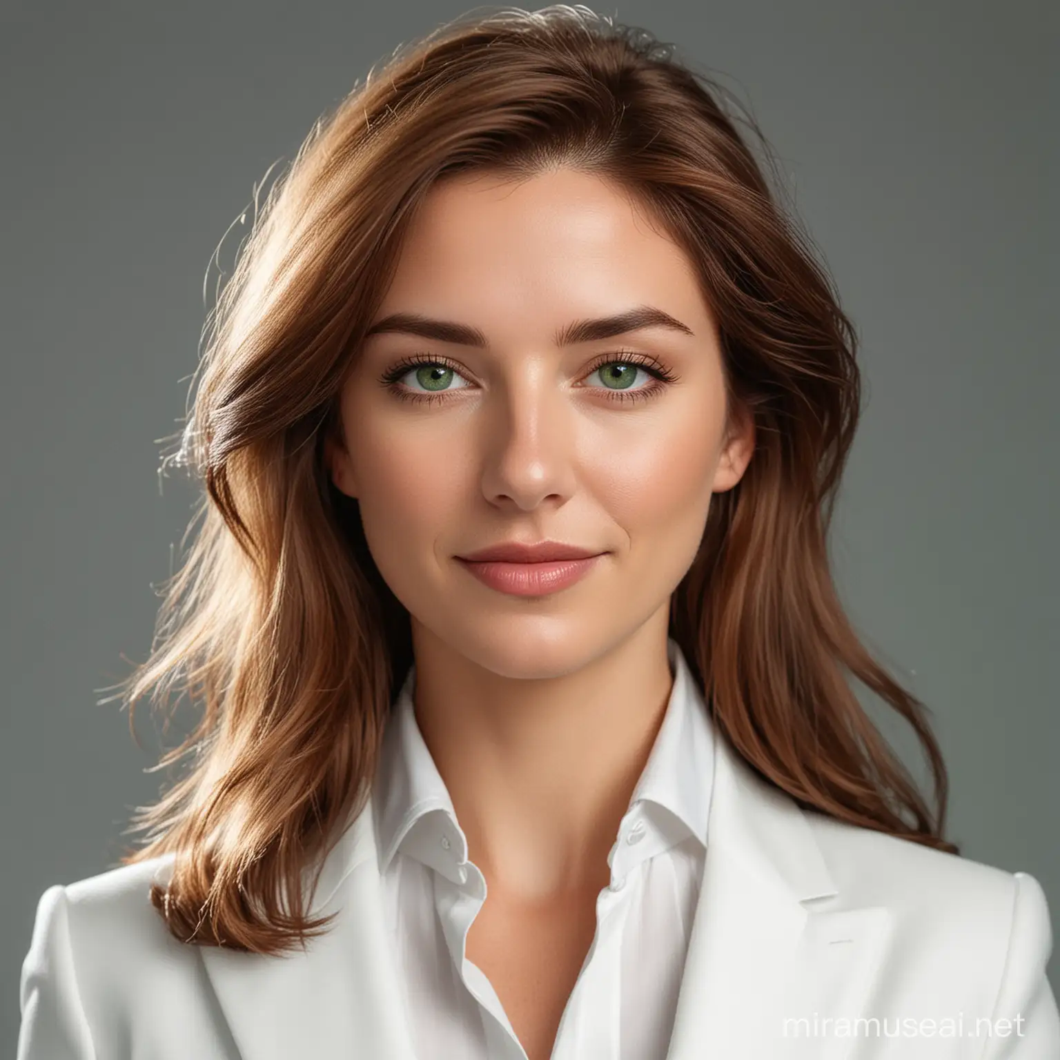 Sophisticated Woman Architect in Business Attire with Brown Hair and Green Eyes