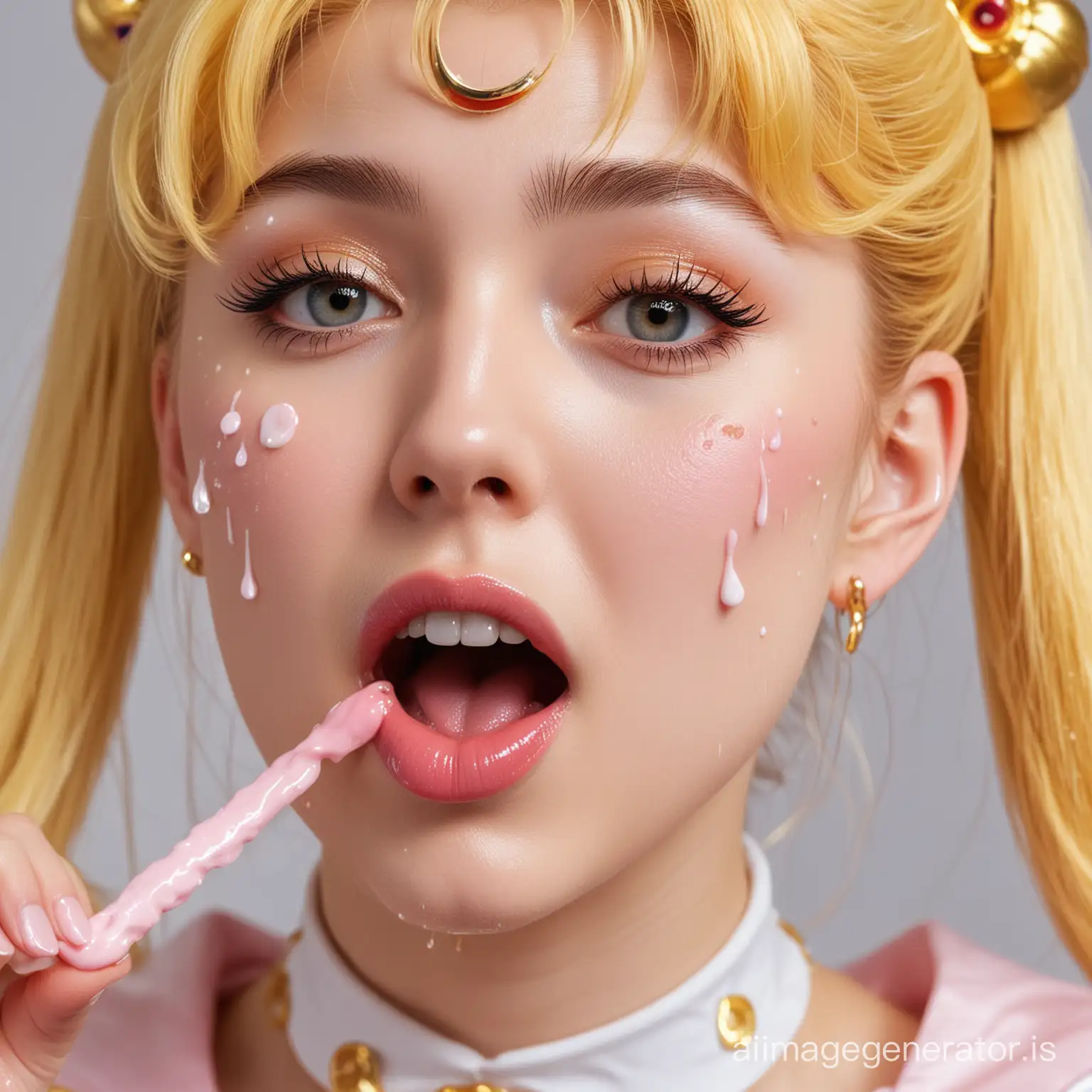 An image of sailor moon, head tilted back slightly, playfully trying to catch cream dripping onto her chin and face (from out of frame) with her tongue