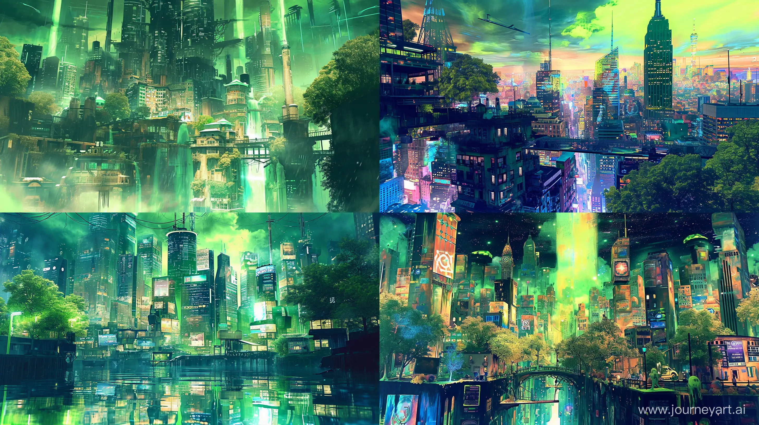 Vibrant-Green-Cityscape-Illuminated-by-Blacklight-Paint